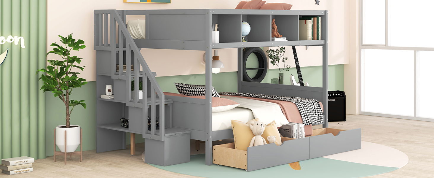 Bunk Bed With Shelfs, Storage Staircase And 2 Drawers