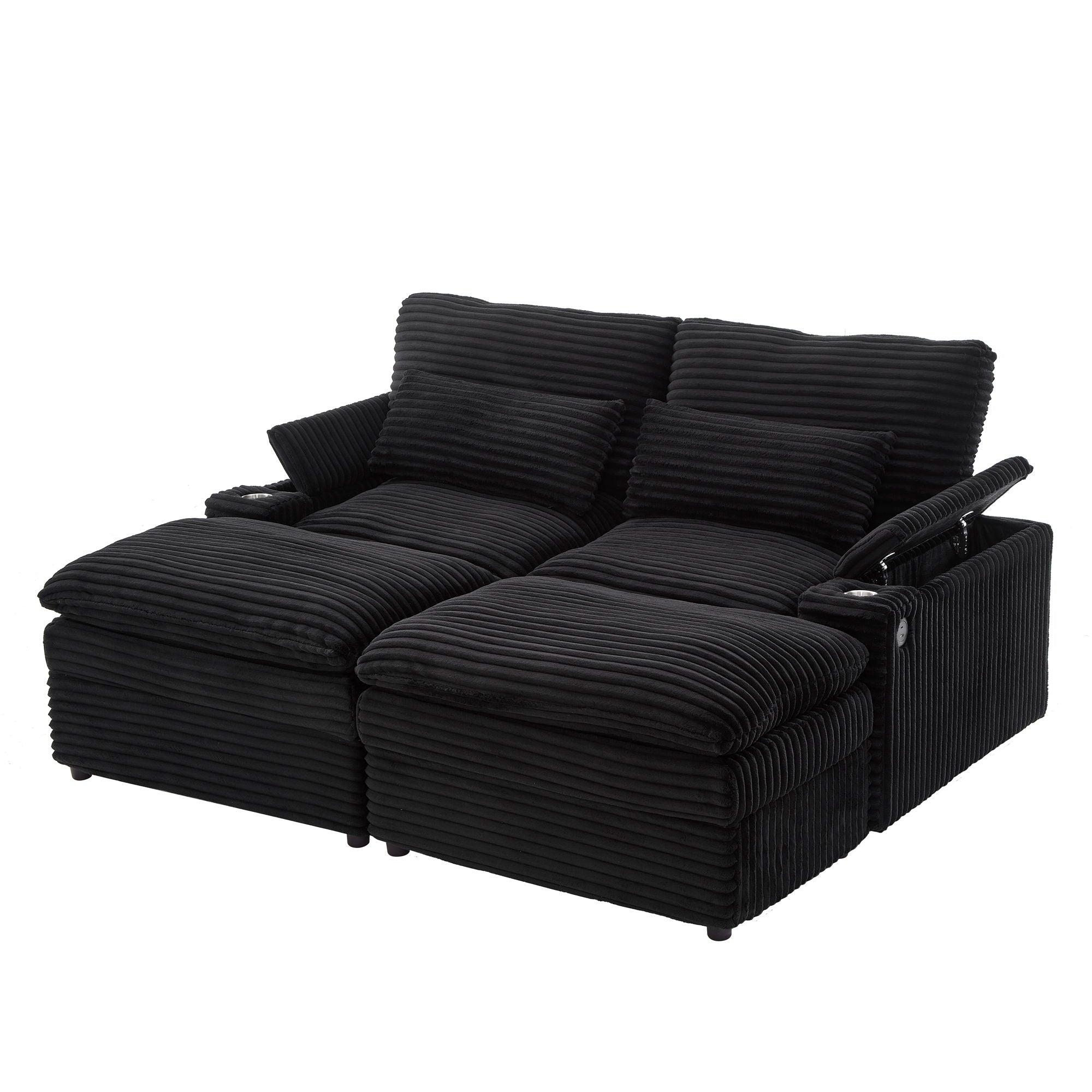 Convertible Loveseat Sofa With Storage, USB Ports, Cup Holders - Black