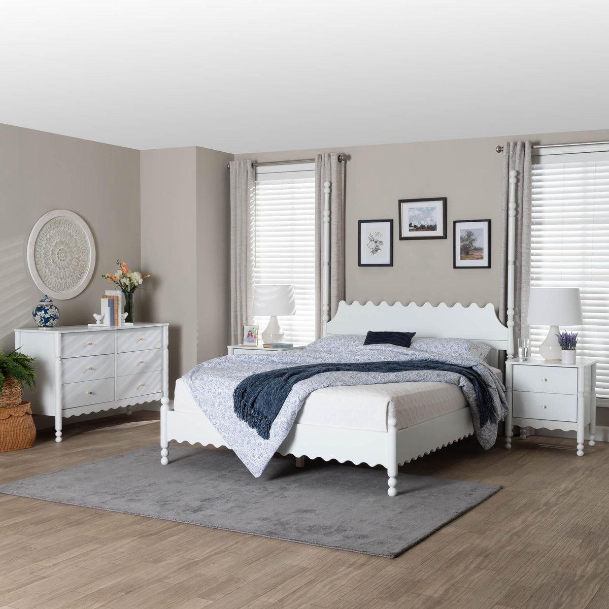 Hoffman 4-Piece Scalloped Bedroom Set - Farmhouse Bed Frame with Matching Dresser and 2-Drawer Nightstands, White, Queen