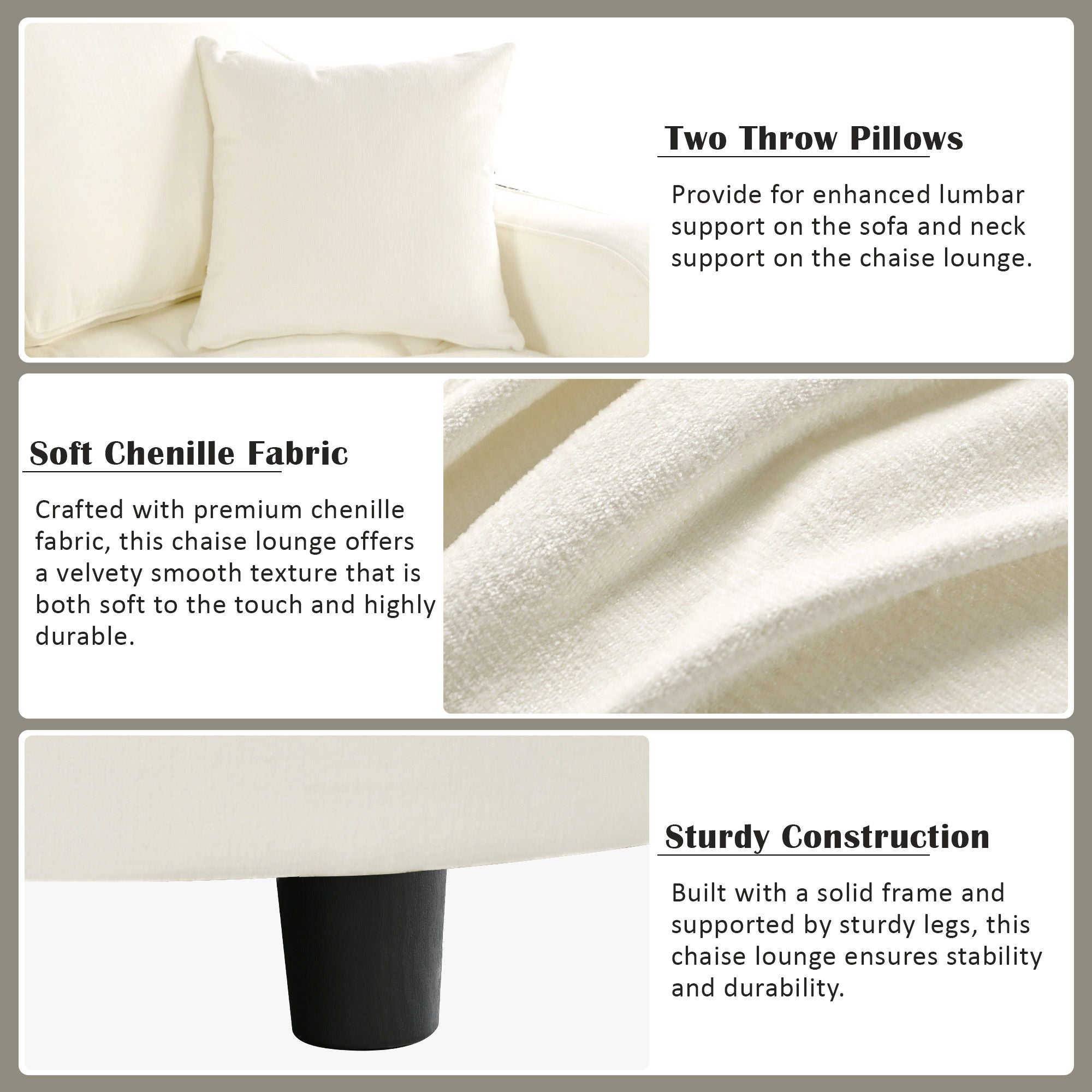 Modern Chaise Lounge Upholstered Sofa Couch With Tufted Seat And Detachable Pillows For Living Room