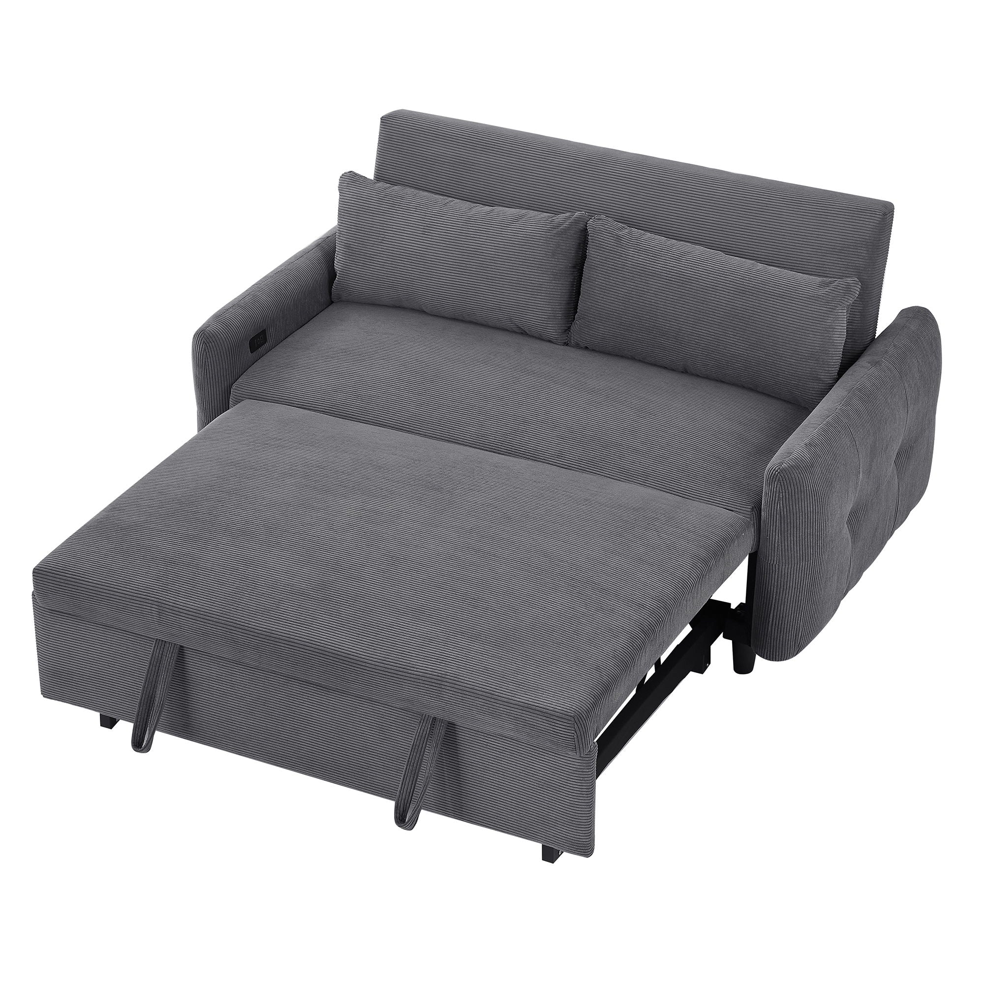 Pull-Out 2 Seat Modern Sleeper Sofa With 2 Throw Pillows And USB Ports