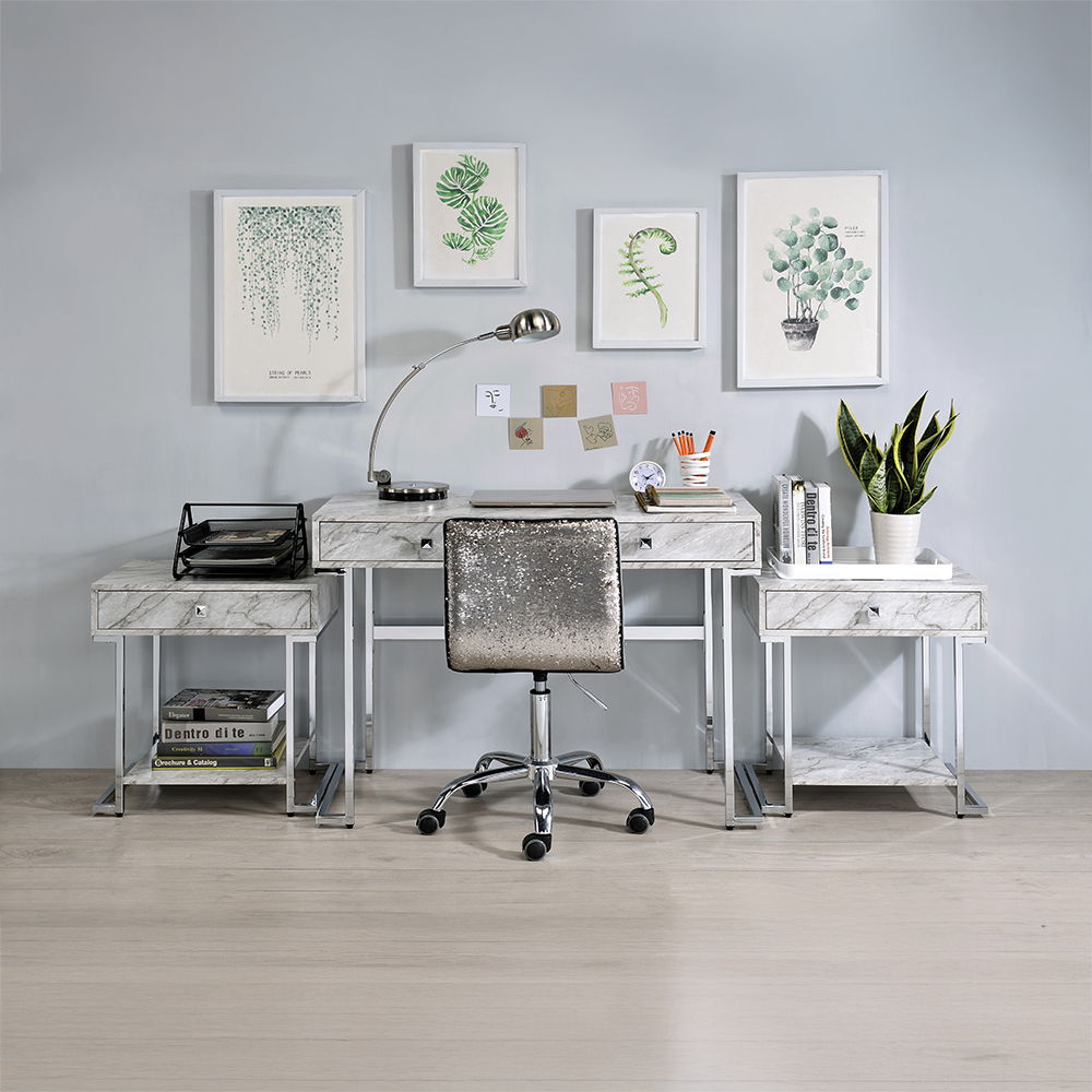 Tigress - Writing Desk - White Printed Faux Marble Top & Chrome
