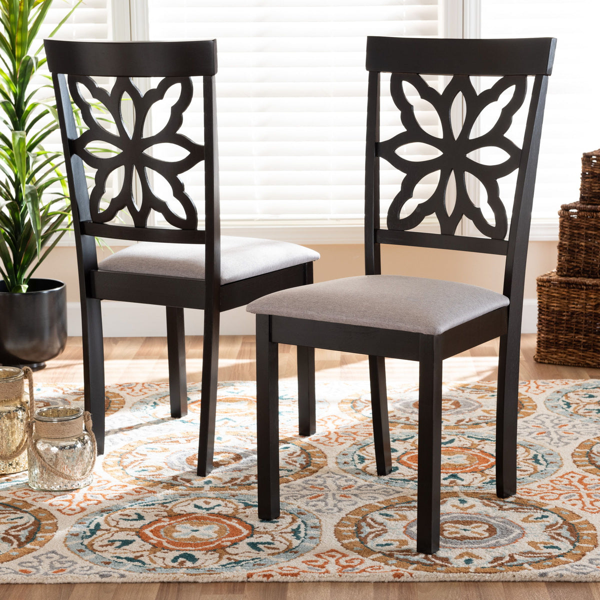 Samwell Modern and Contemporary Grey Fabric Upholstered and Dark Brown Finished Wood 2-Piece Dining Chair Set