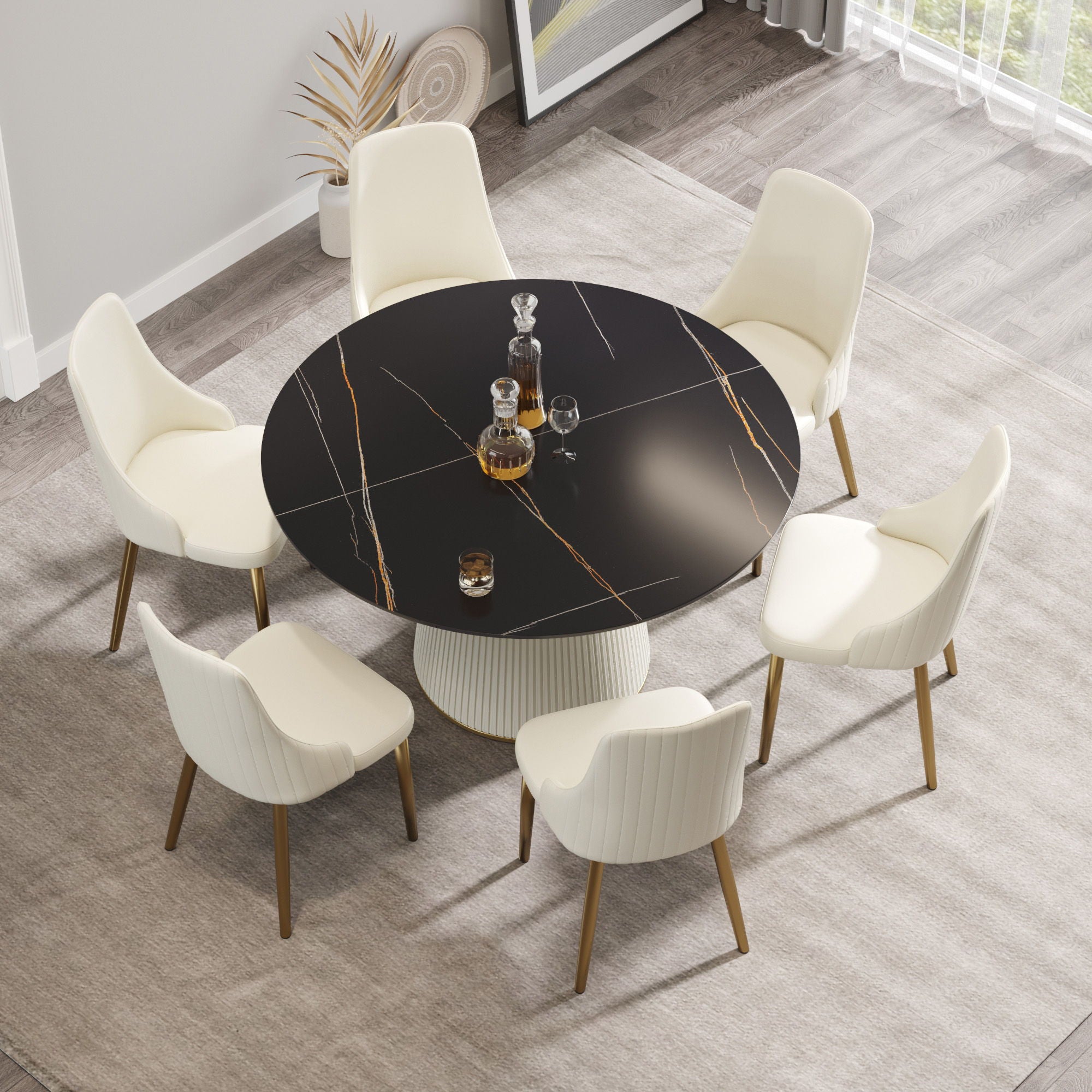 Modern Artificial Stone Round Plywood Base Dining Table, Can Accommodate 6 People, (Not Including Chairs) - Black / Beige