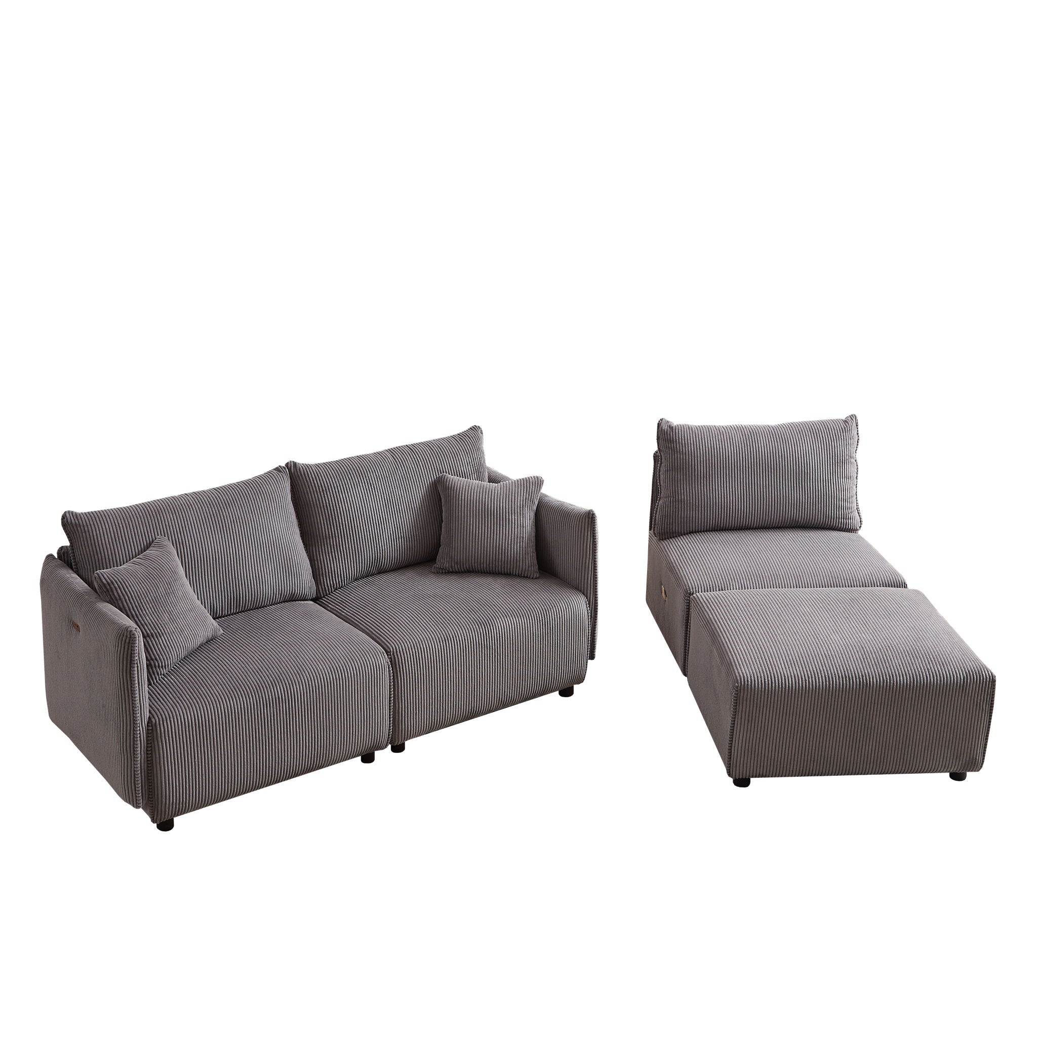 Modern Minimalist Corduroy Combination Sofa With 2 Comfort Cushions With USB & C Charging Ports