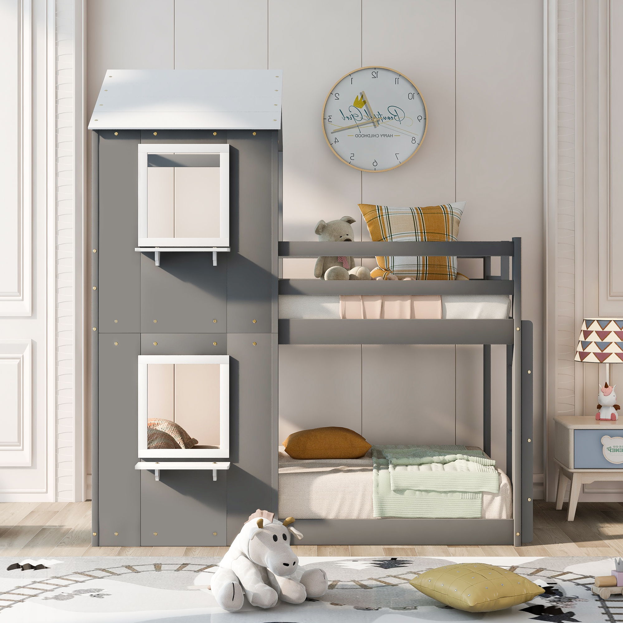 Bunk Bed Wood Bed & Roof, Window, Guardrail, Ladder