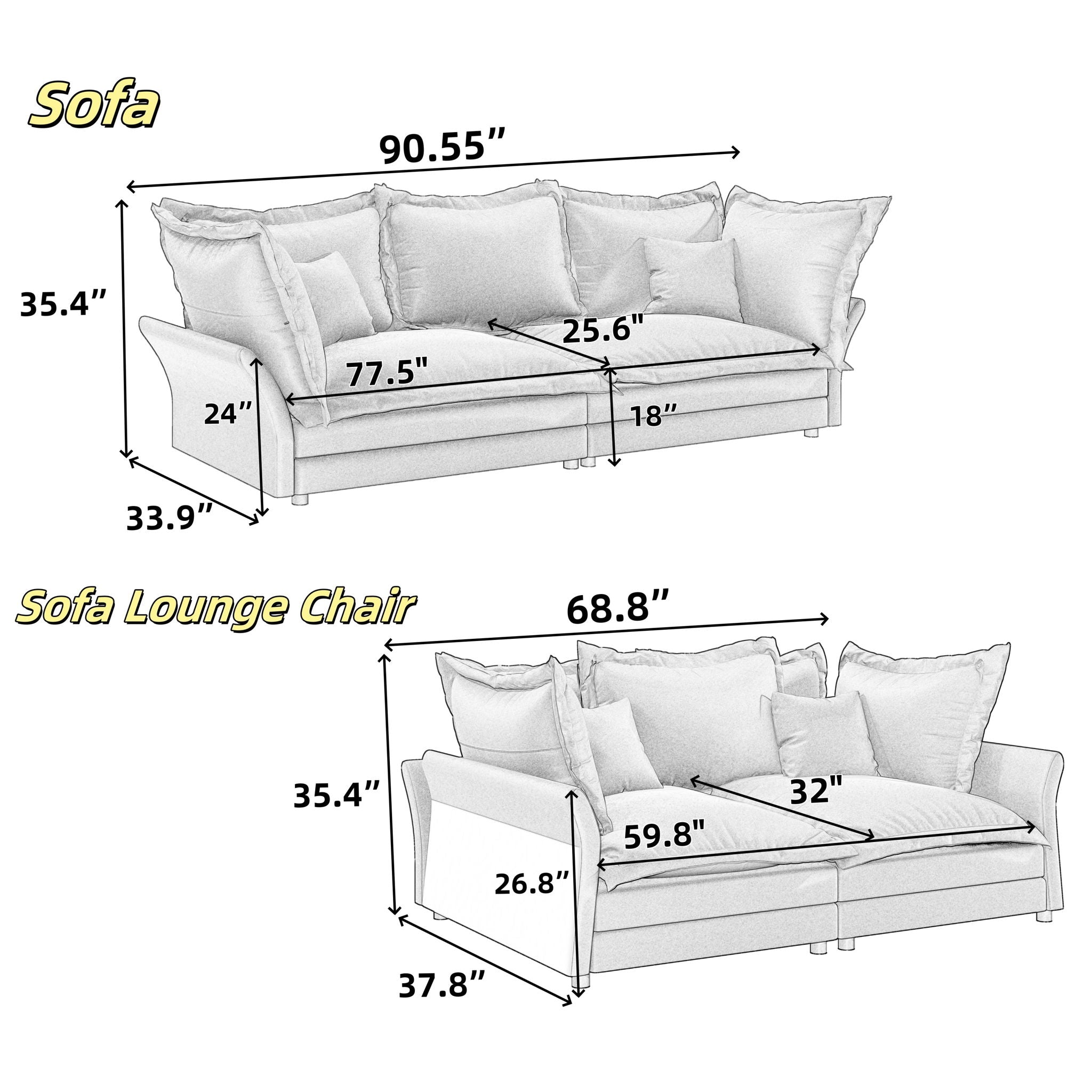 Modern Comfy Upholstered Sofa Cloud Couch, Deep Seat Couches With Multiple Large Soft Pillows