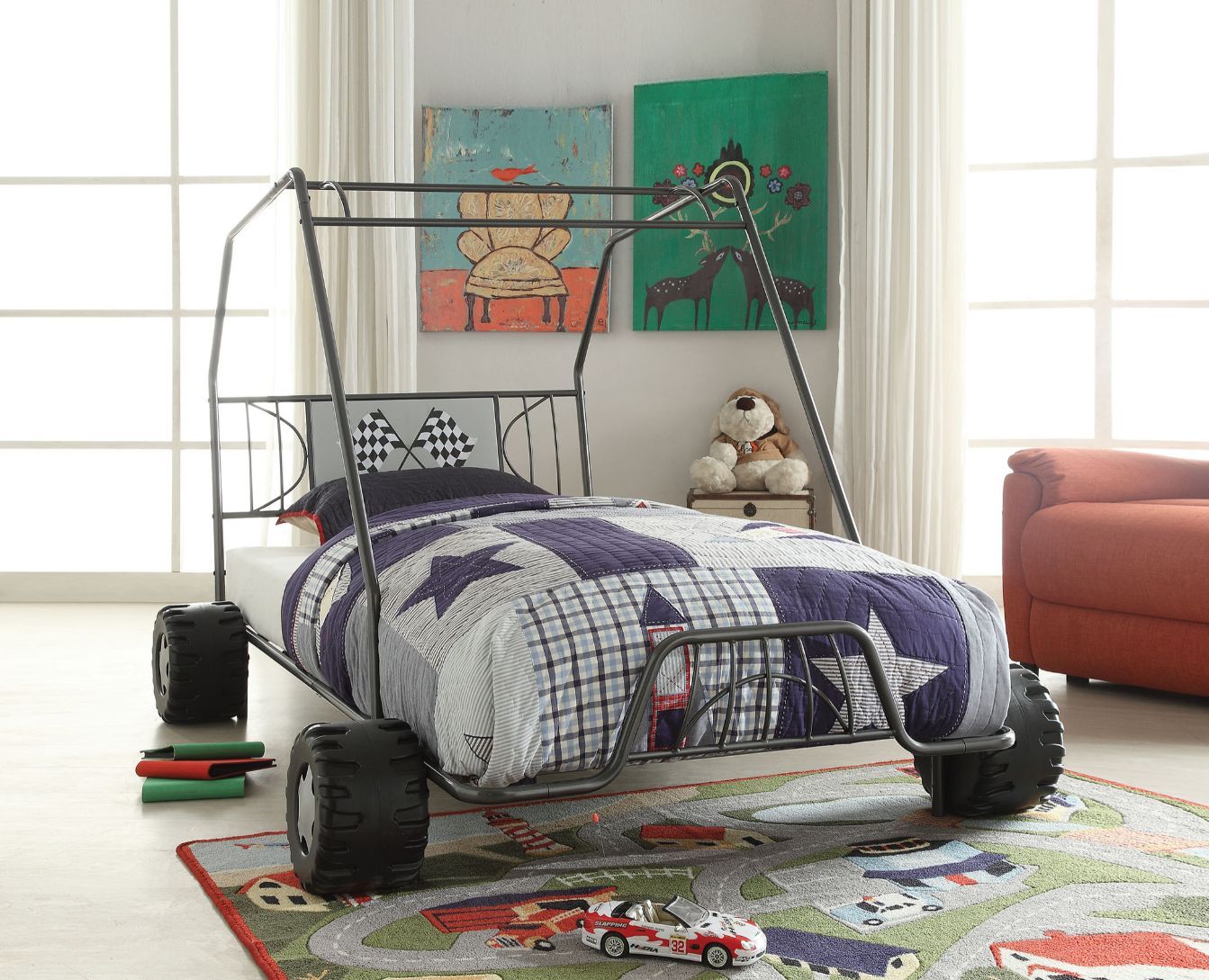 ACME Thrill to your little racer's with the Xander collection. Featuring a fascinating Go Kart design with a racing flag decor headboard and metal tube supporting slat system. The hip design of this bed will bring many years of sleepy happy nights. | Meri