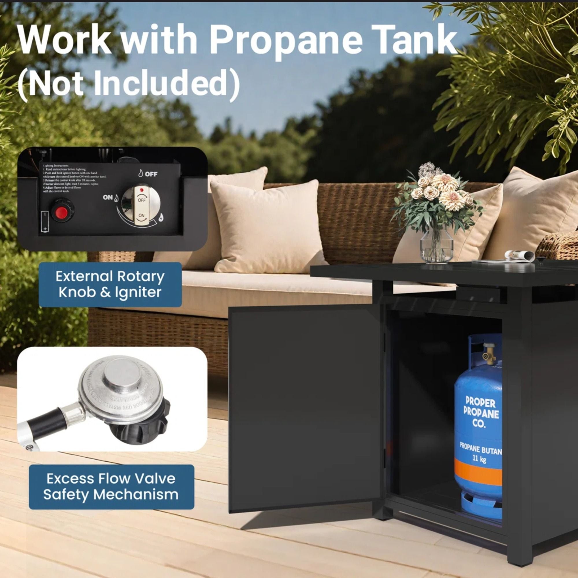 Outdoor 2 In 1 Propane Fire Pit Table With Dual Burners, Lava Rocks And Waterproof Cover - Black