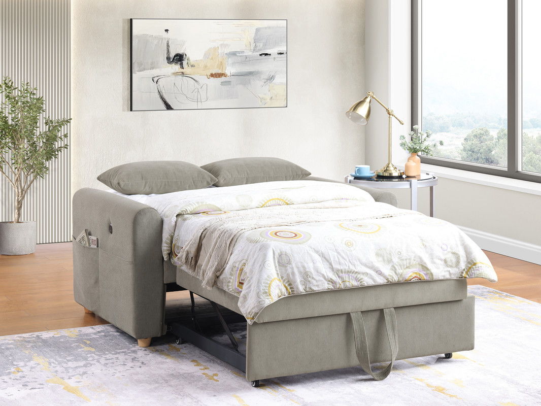 Marielle 55"W Gray Corduroy Convertible Sleeper Loveseat with USB Ports, Magazine Pockets, and Pillows
