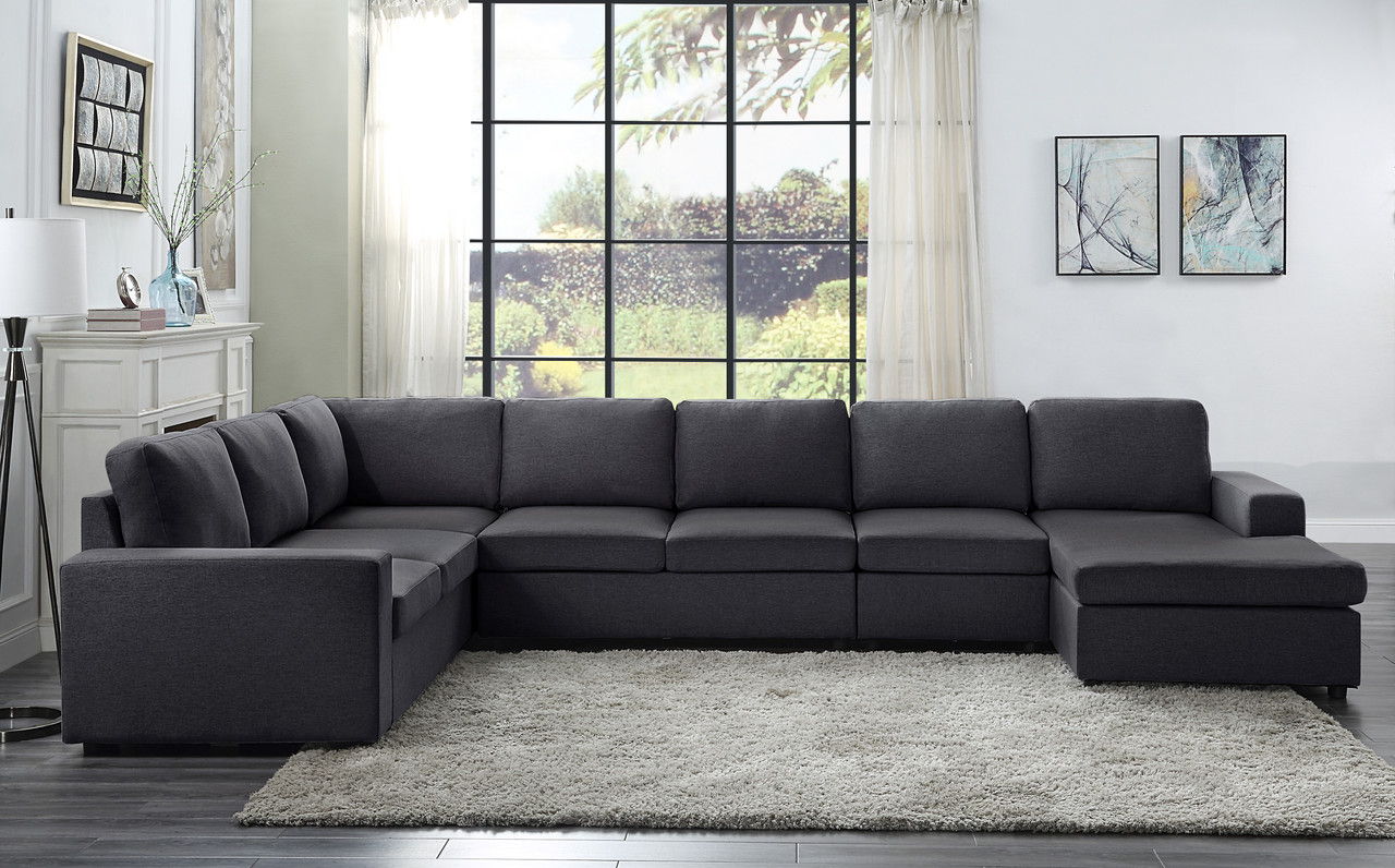 Tifton 146.5"W Modular Sectional Sofa with Reversible Chaise in Dark Gray Linen