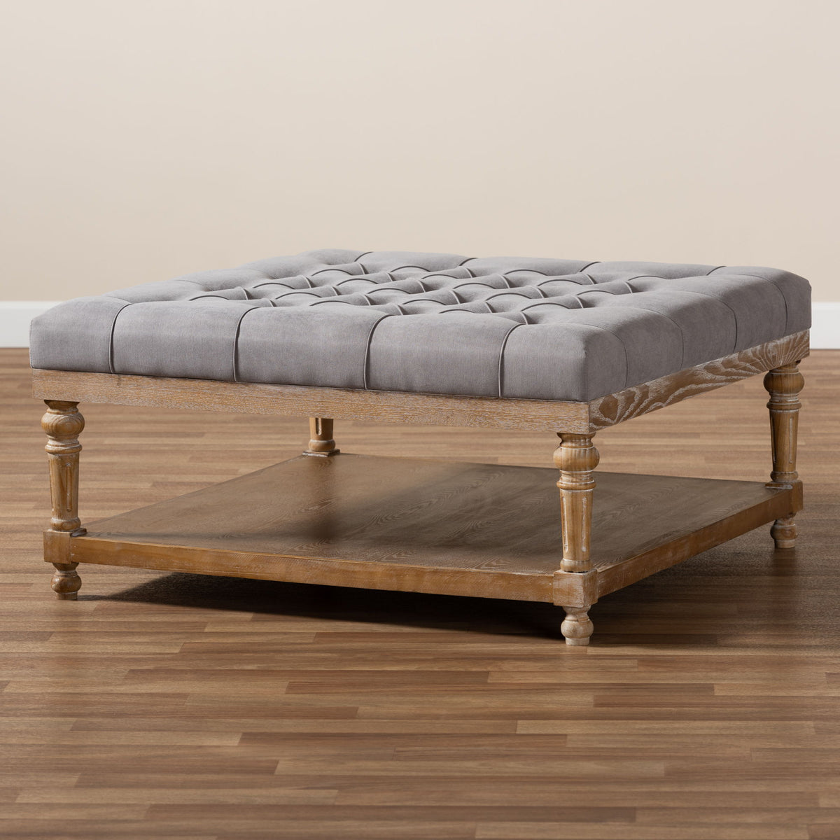 Kelly Modern and Rustic Grey Linen Fabric Upholstered and Greywashed Wood Cocktail Ottoman