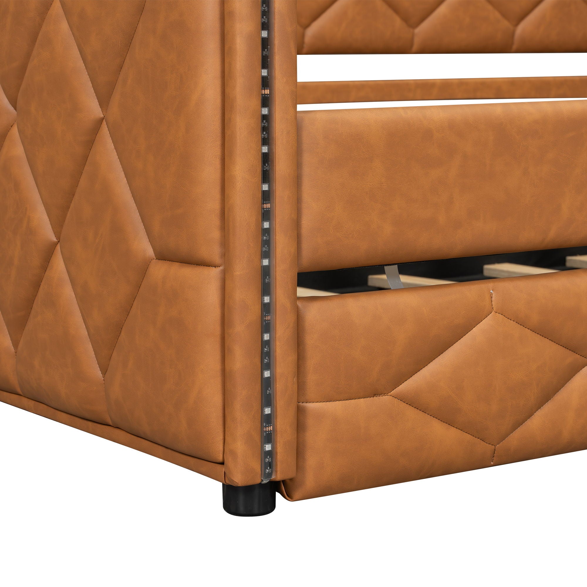 Upholstered Full Long Daybed With Trundle And LED Armrests - Brown