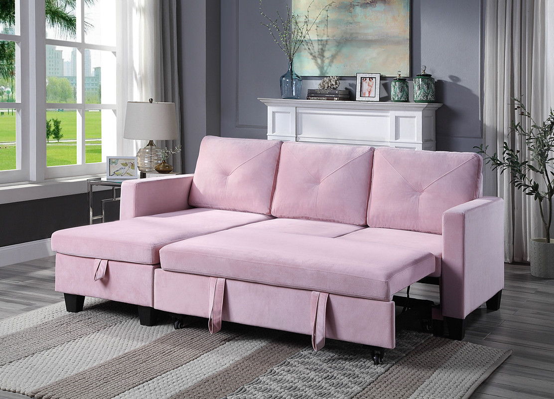 Nova 82.5"W Pink Velvet Reversible Sleeper Sectional Sofa with Storage Chaise