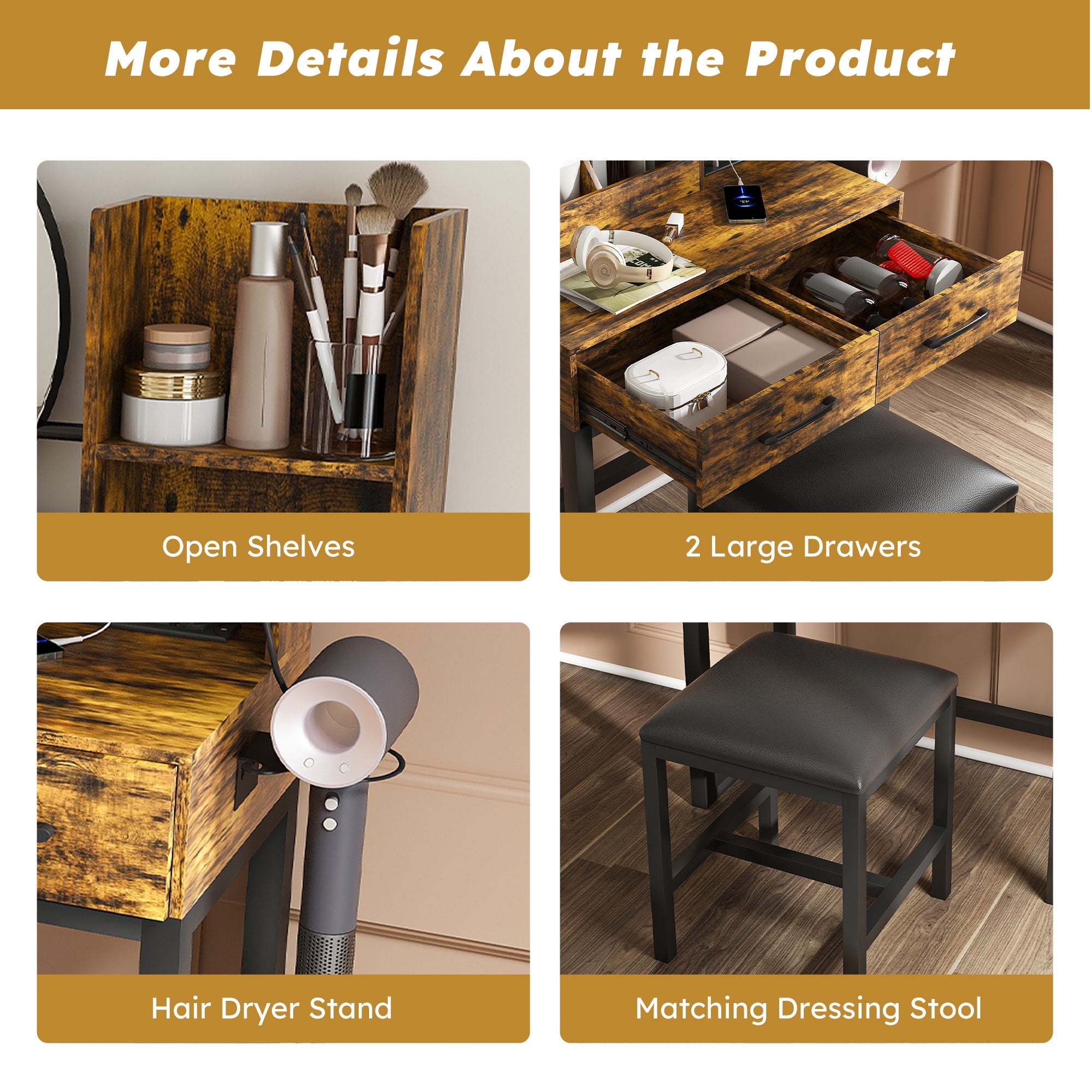 Makeup Vanity Table With LED Lights, 3 Color Options, Power Outlet