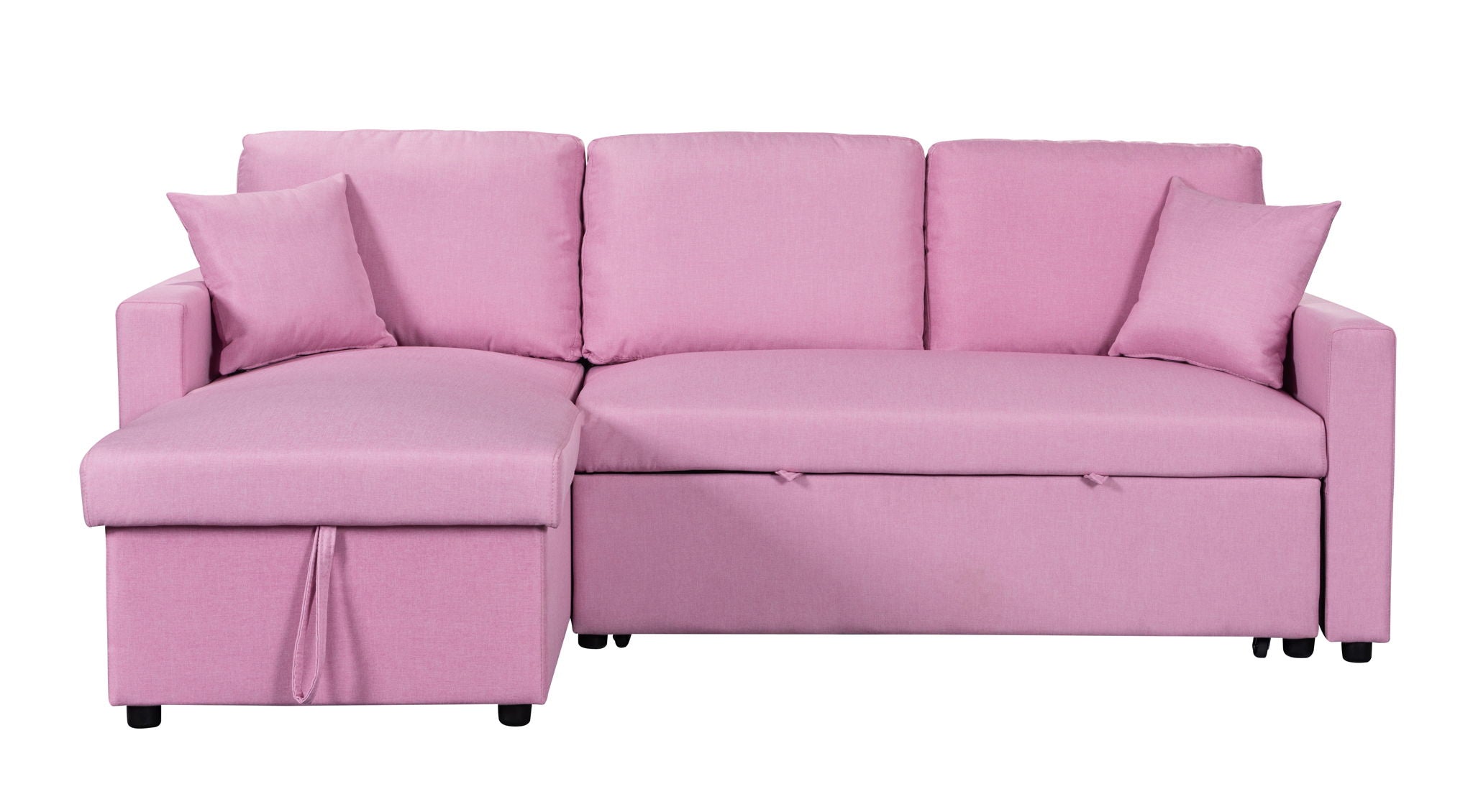 Paisley 82"W Pink Linen Fabric Reversible Sleeper Sectional Sofa with Storage Chaise