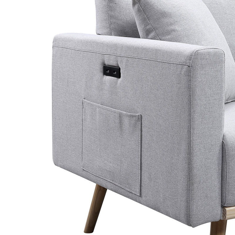 Easton 32.5"W Light Gray Linen Fabric Chair with USB Charging Ports Pockets & Pillows