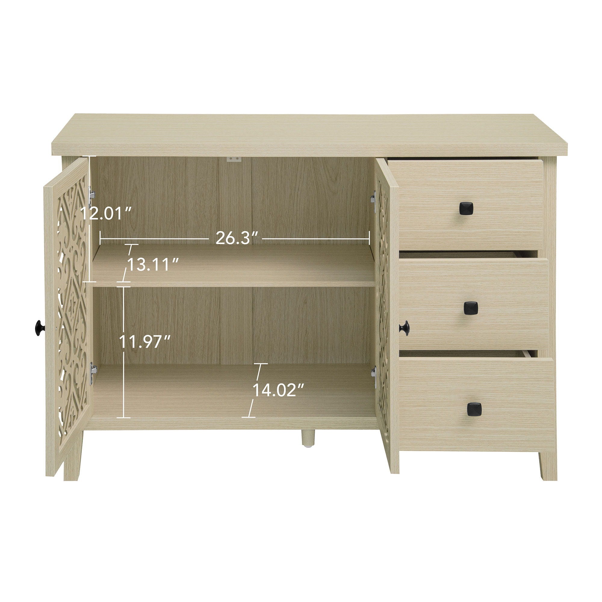 Hollowed Out Cabinet With 2 Door 3 Drawers, American Furniture, Suitable For Bedroom, Living Room, Study - Natural