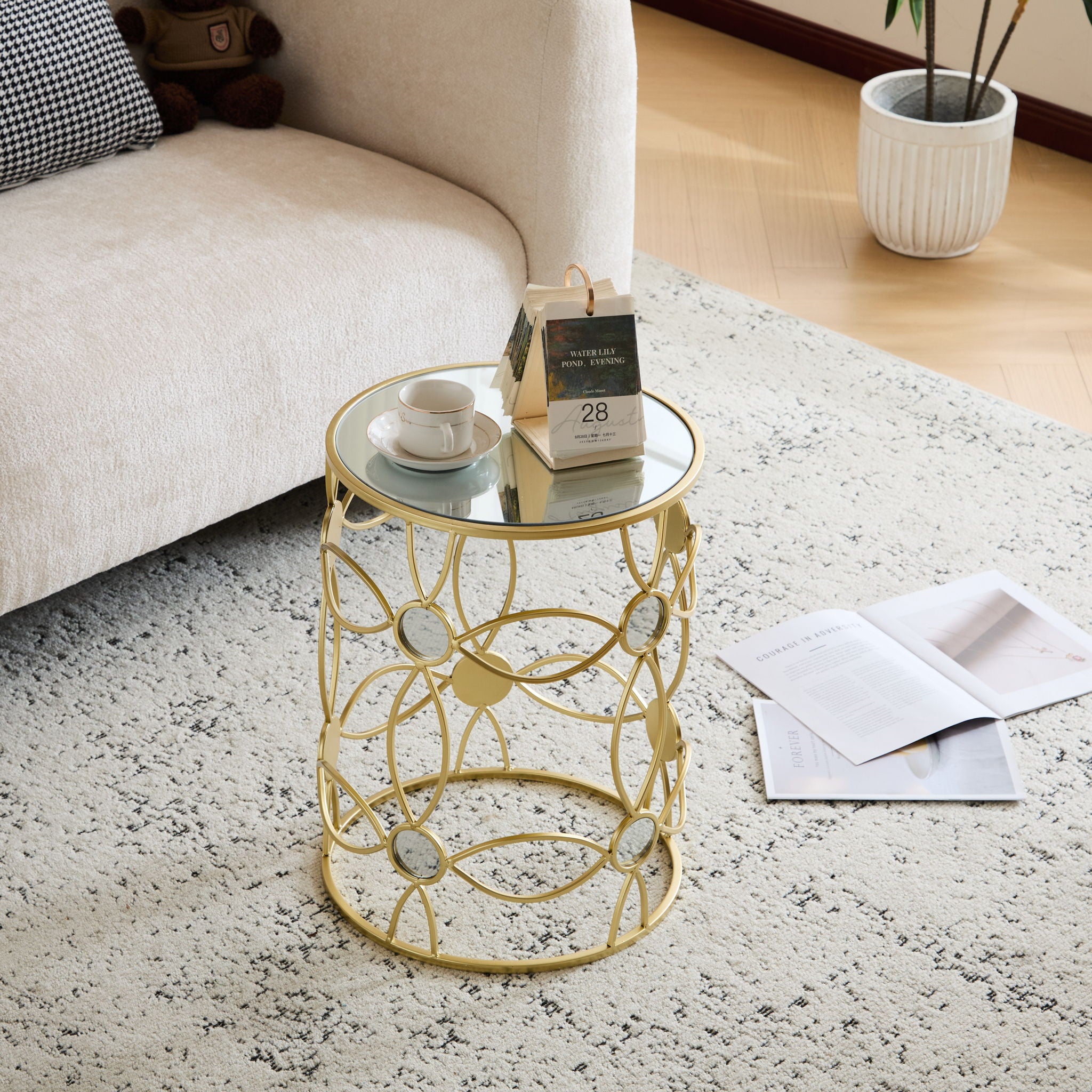 Modern Side Table With Mirror Top And Metal Frame - Gold / Clear