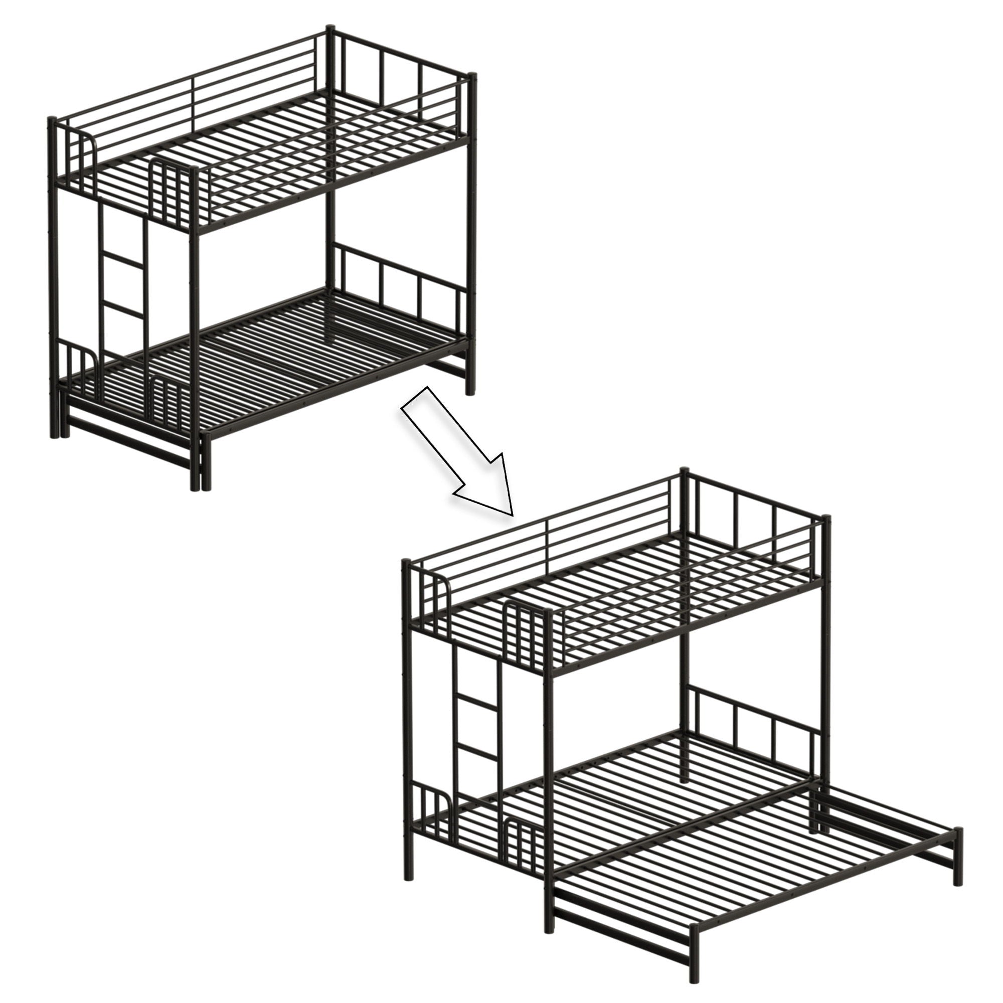 Twin Metal Pull Out Bunk Bed With Guardrail And Built In Ladder, Space Saving Convertible Frame For Bedroom - Black