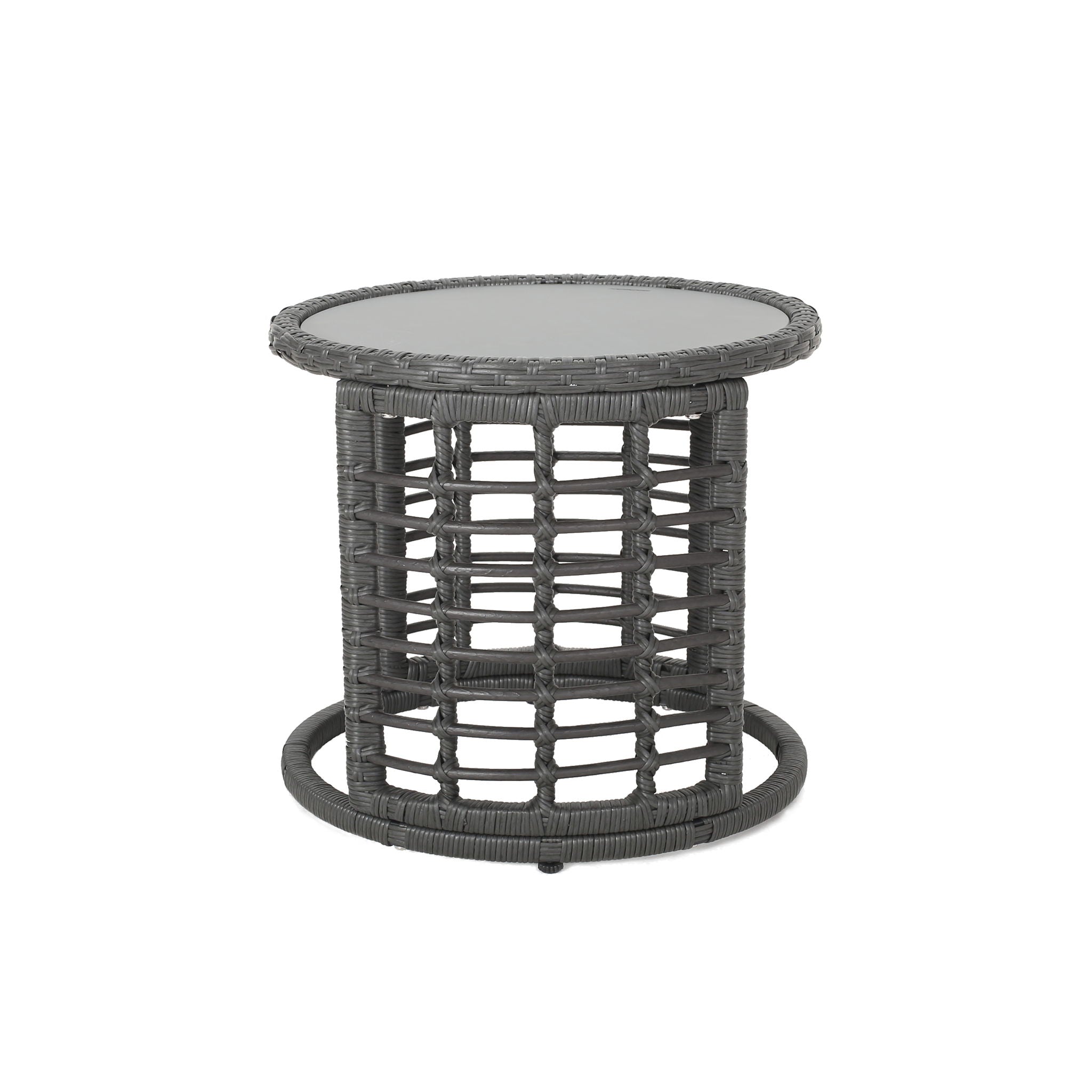 Achill - Outdoor Modern Boho Wicker Side Table With Glass Top - Gray