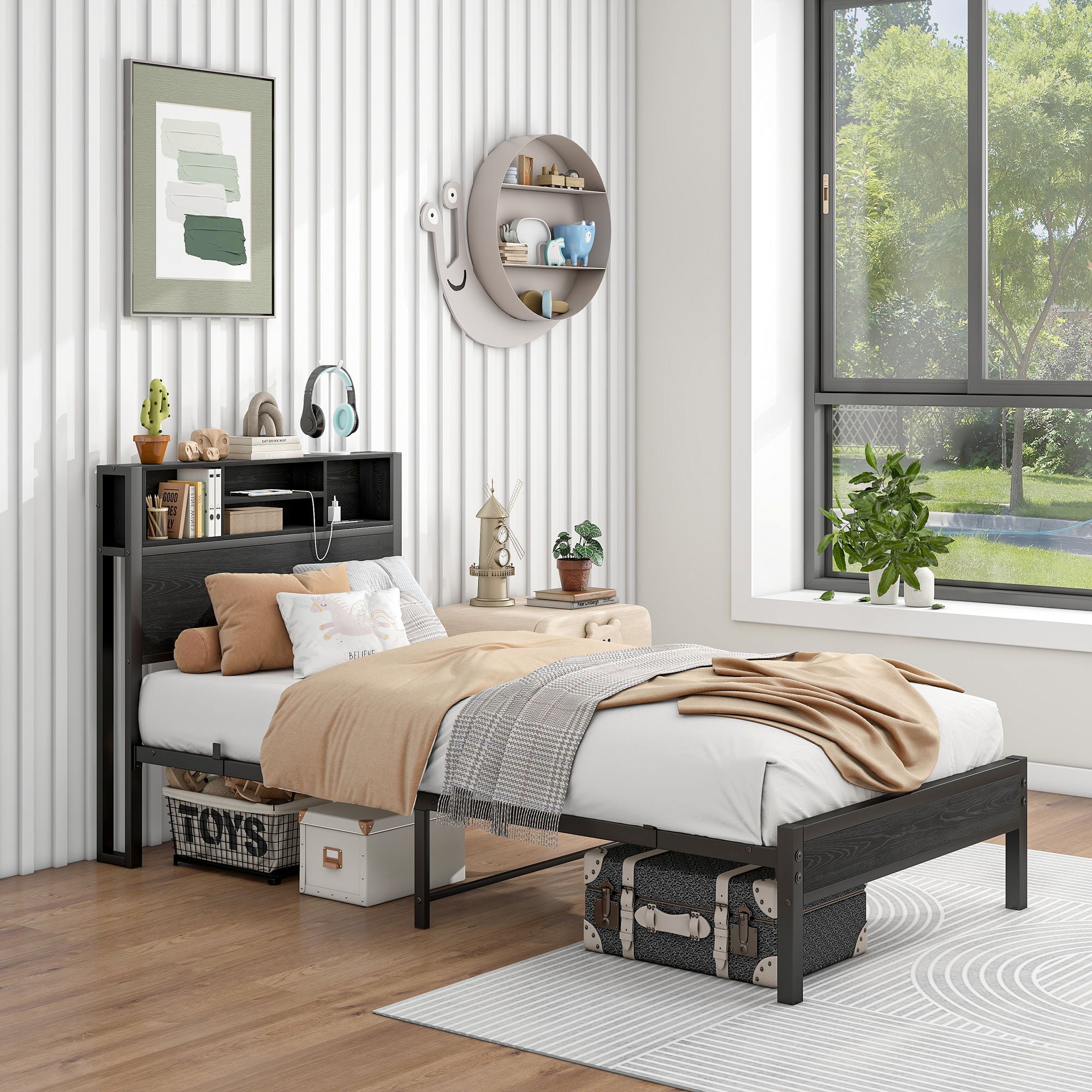 Modern Metal Platform Bed Frame With Storage Headboard And Charging Station