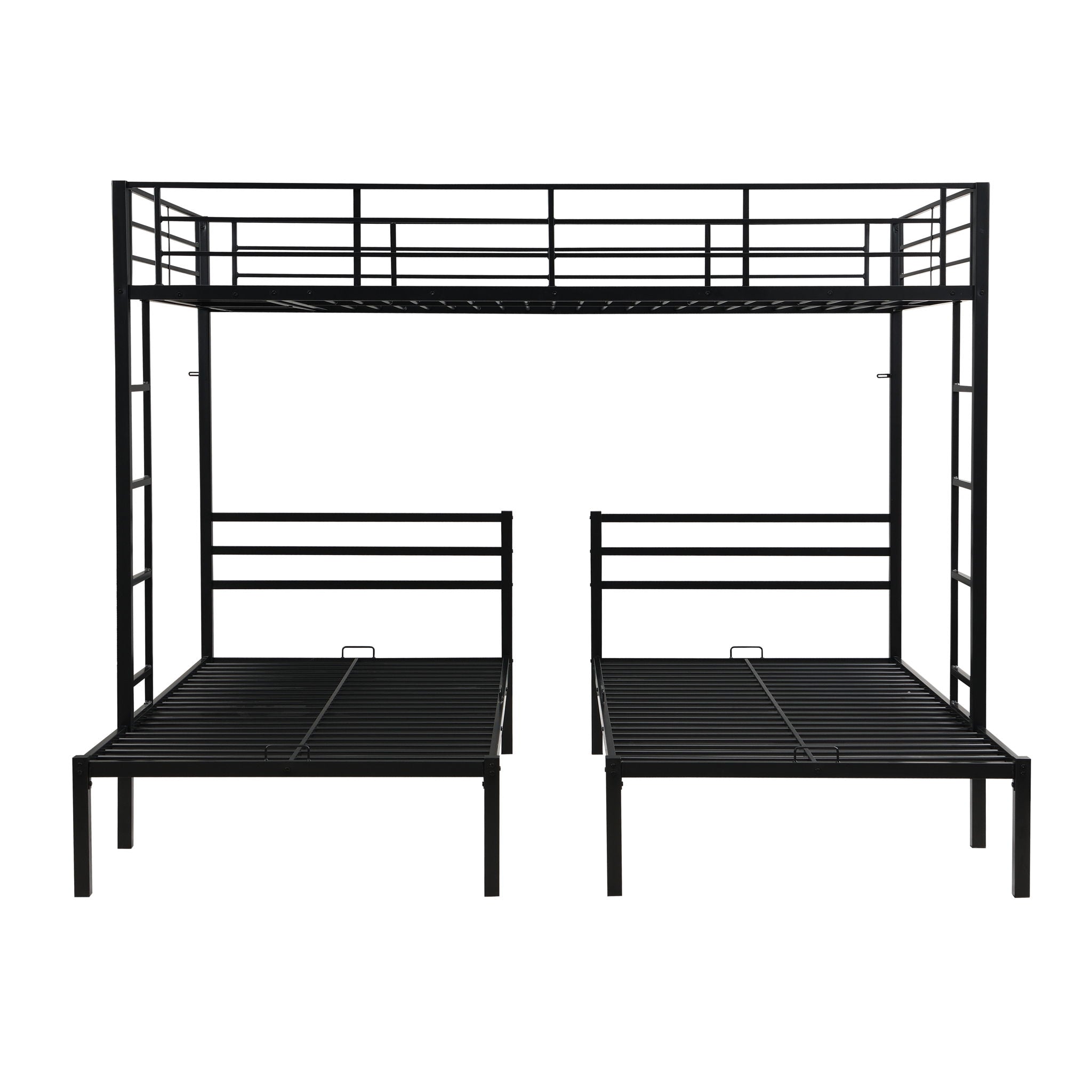 Modern Metal Triple Bunk Bed With Vertical Ladder, Safety Rail, And Storage Shelf - Black