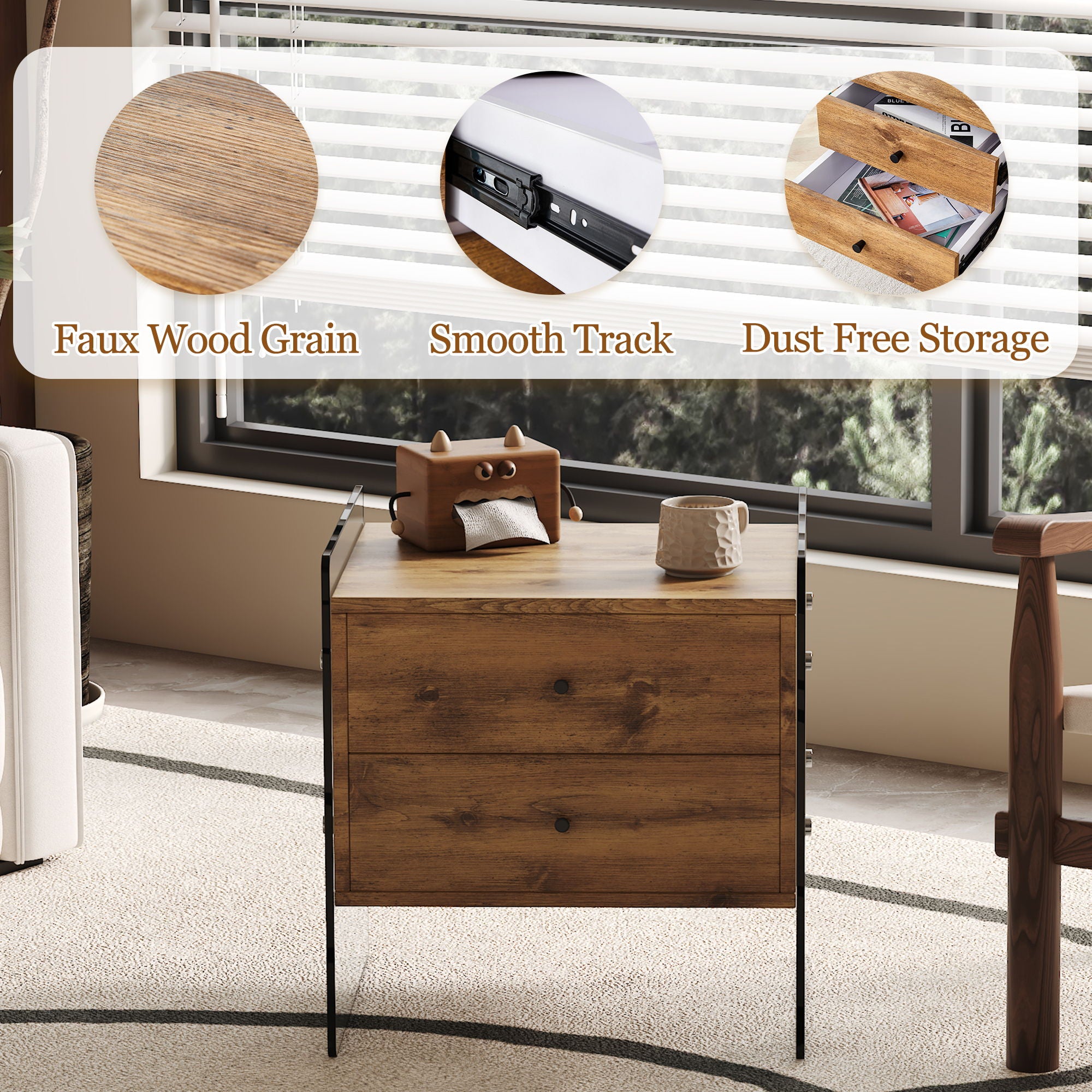 Double Drawer Bedside Table - Wood