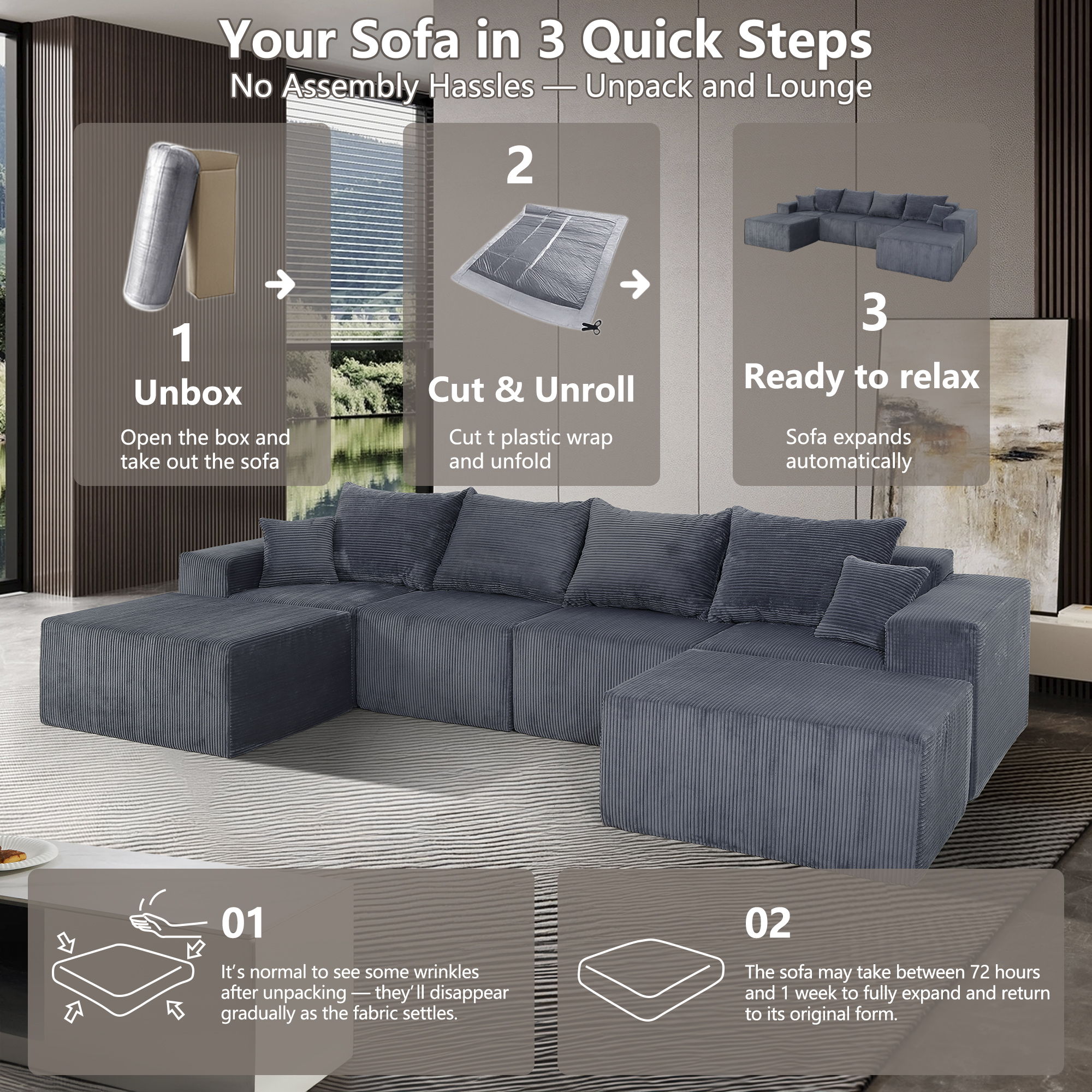 Modular Sectional Sofa, Convertible Couch With Chaise Corduroy