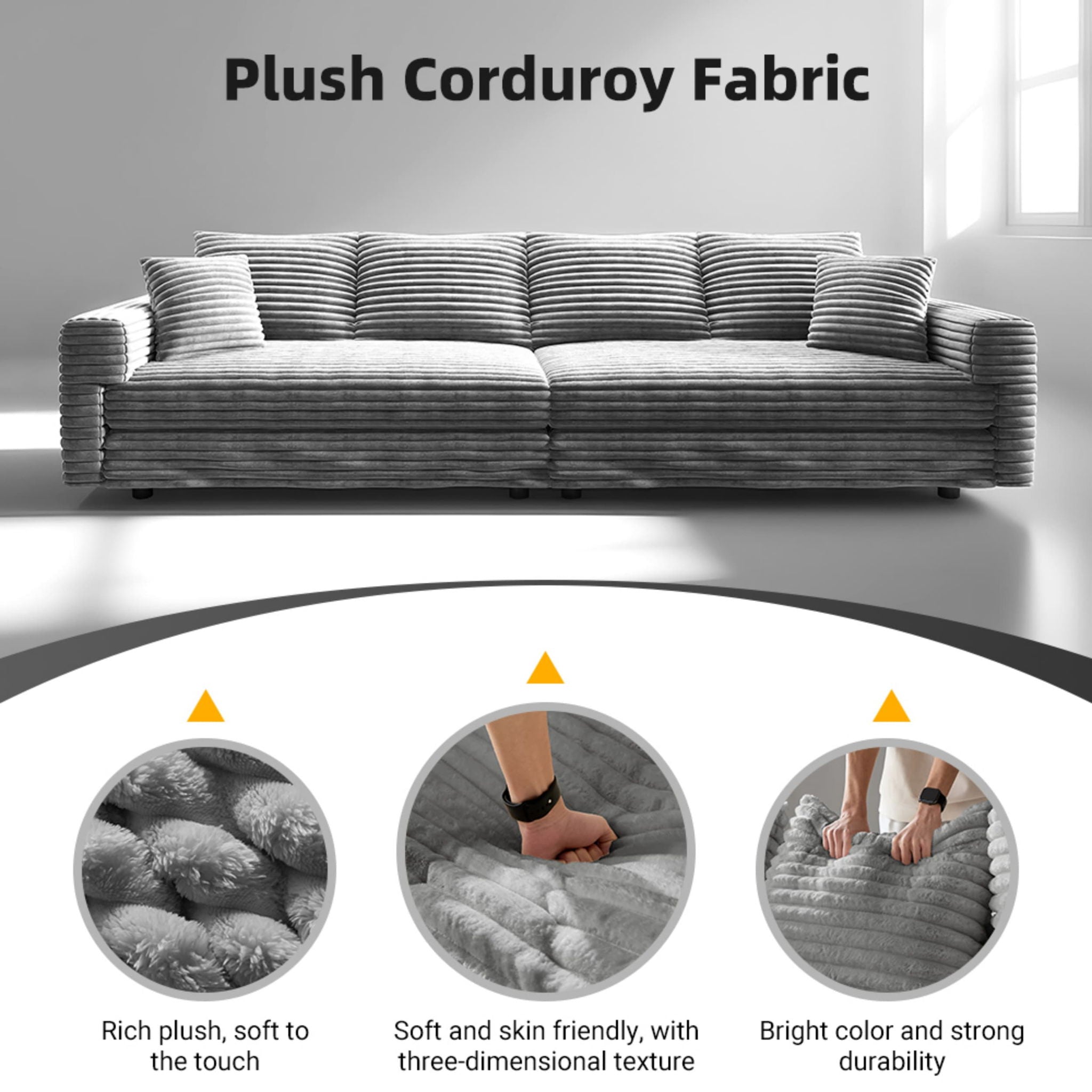 Plush Corduroy 4 Seat Sofa, Modern Comfy Upholstered Sofa Cloud Couch, Deep Seat Couches With Soft Pillows