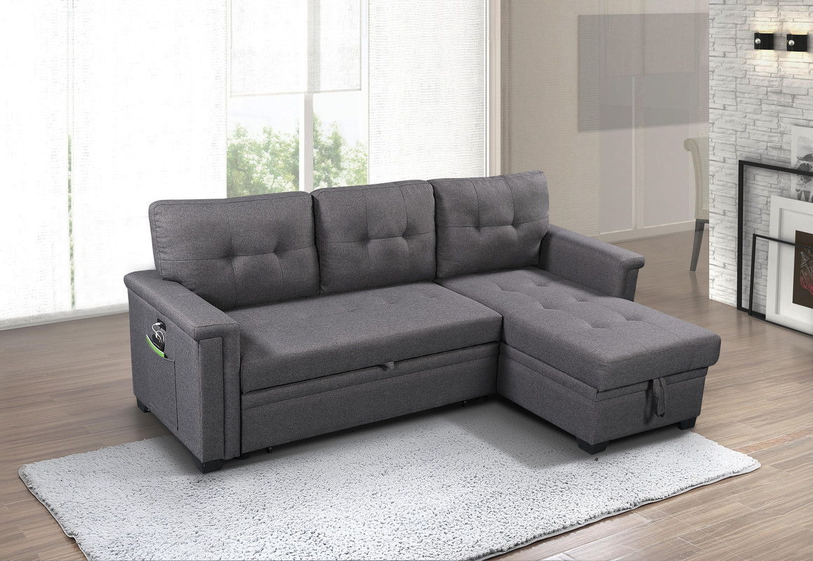 Ashlyn 84"W Dark Gray Reversible Sleeper Sectional Sofa with Storage Chaise, USB Charging Ports and Pocket