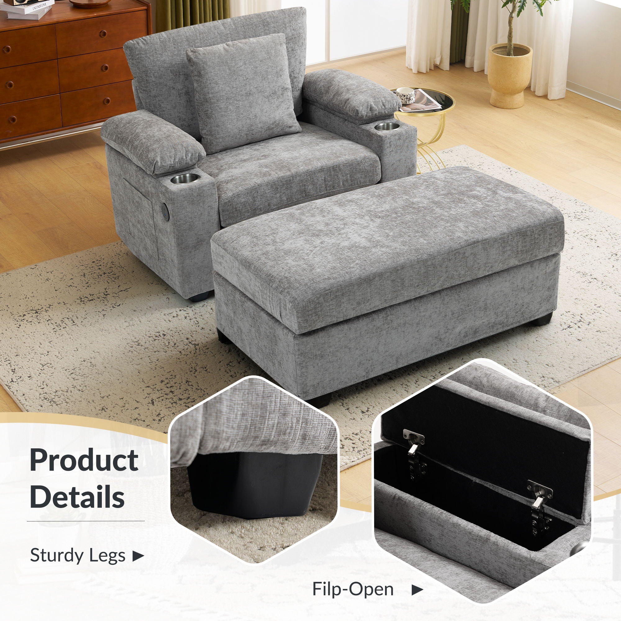 Modern Oversized Chair With Ottoman, Cupholders And USB Charging Ports