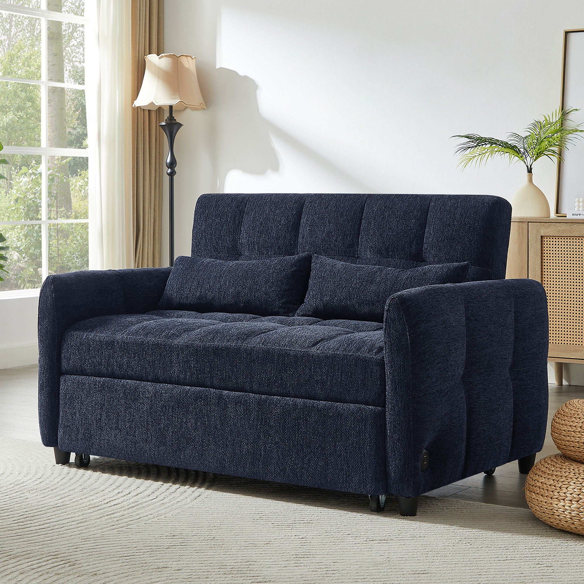 Loveseat Sofa Pull-Out Bed With Adjustable Backrest, 3 USB Ports And 2 Lumbar Pillows For Living Room