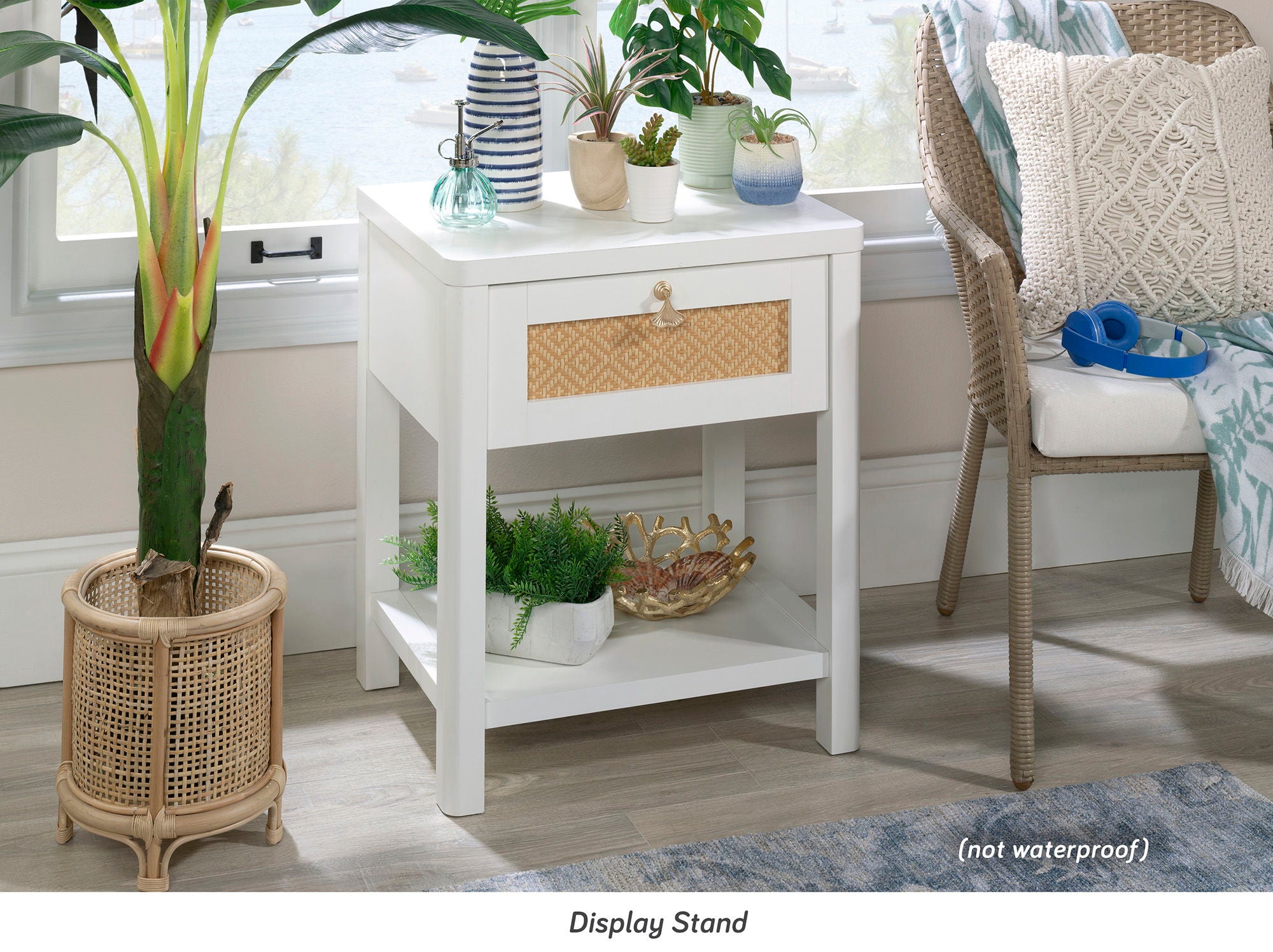 Night Stand with Open Storage in White/Rattan