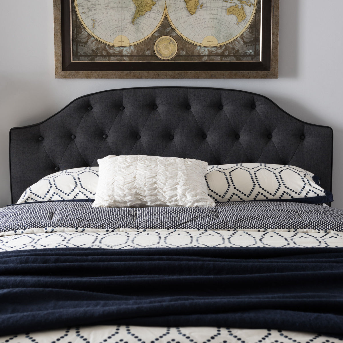 Windsor Modern and Contemporary Dark Grey Fabric Upholstered Scalloped Buttoned Queen Size Headboard