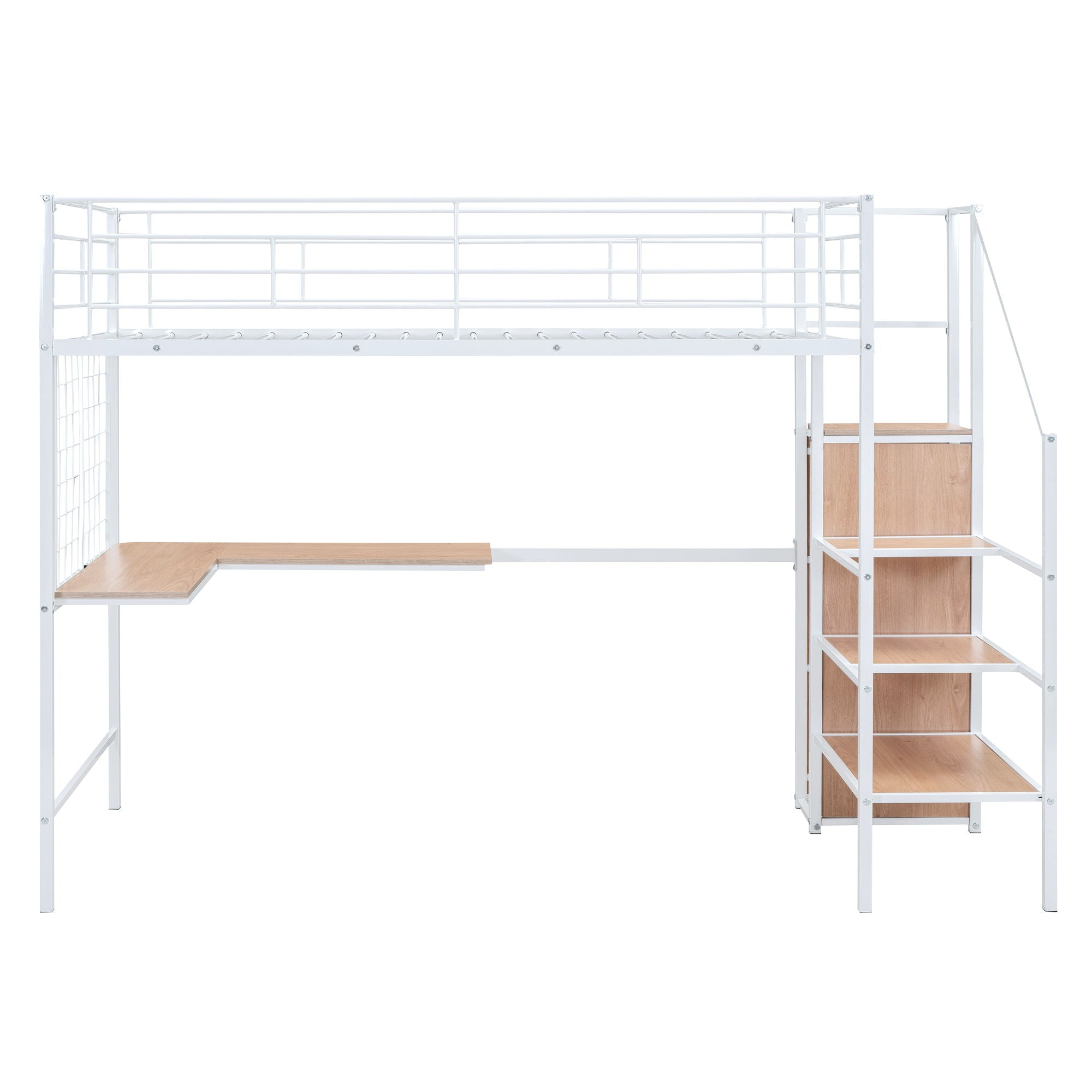 Loft Bed With Desk And Grid, Stylish Frame With Lateral Storage Ladder And Wardrobe