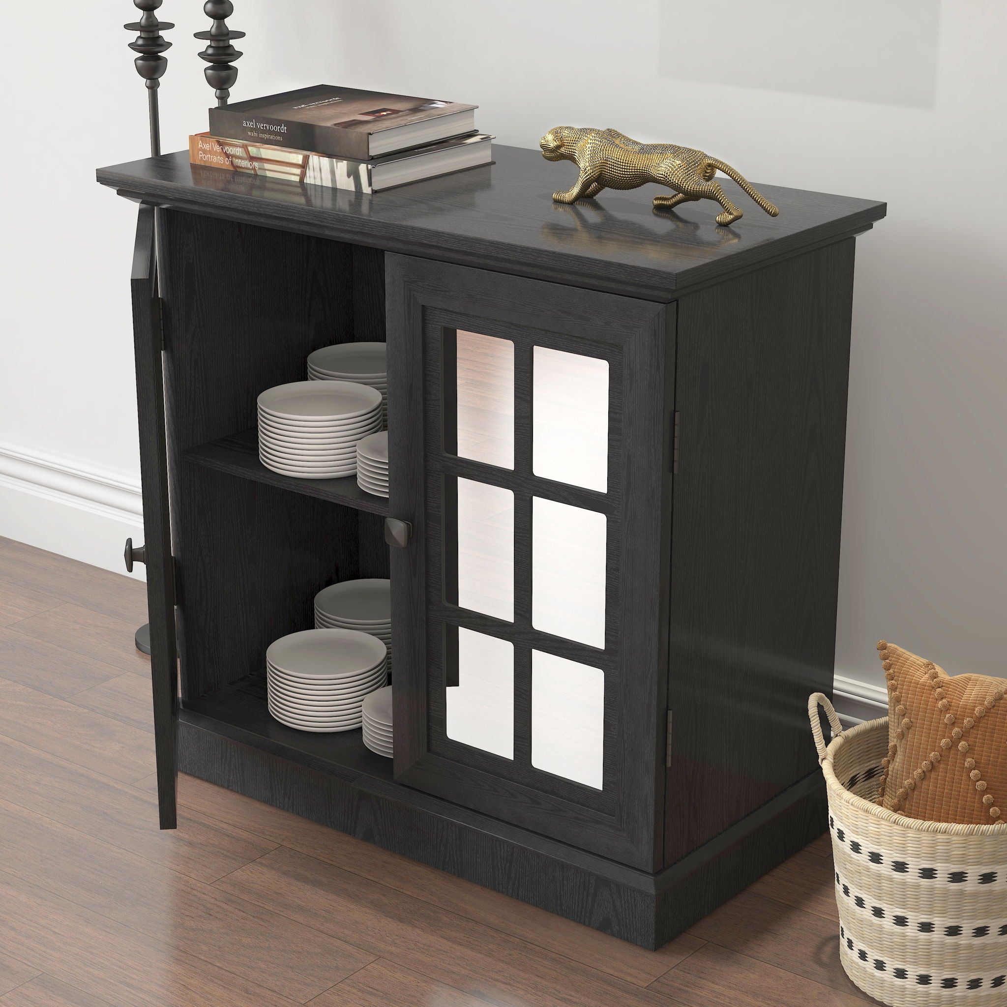 Sideboard Cabinet With Mirrored Doors, Adjustable Shelf, Metal Handles