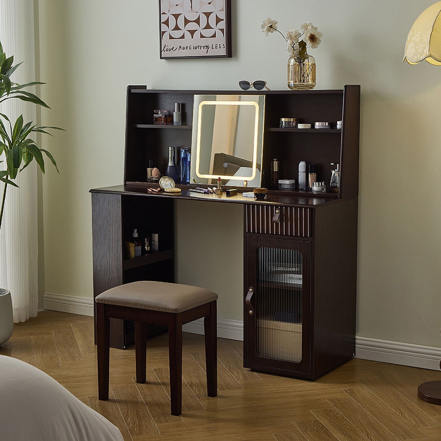 Modern Elegance Makeup Vanity Desk With Adjustable Lighted Mirror Storage Shelves Drawer And Cabinet - Walnut
