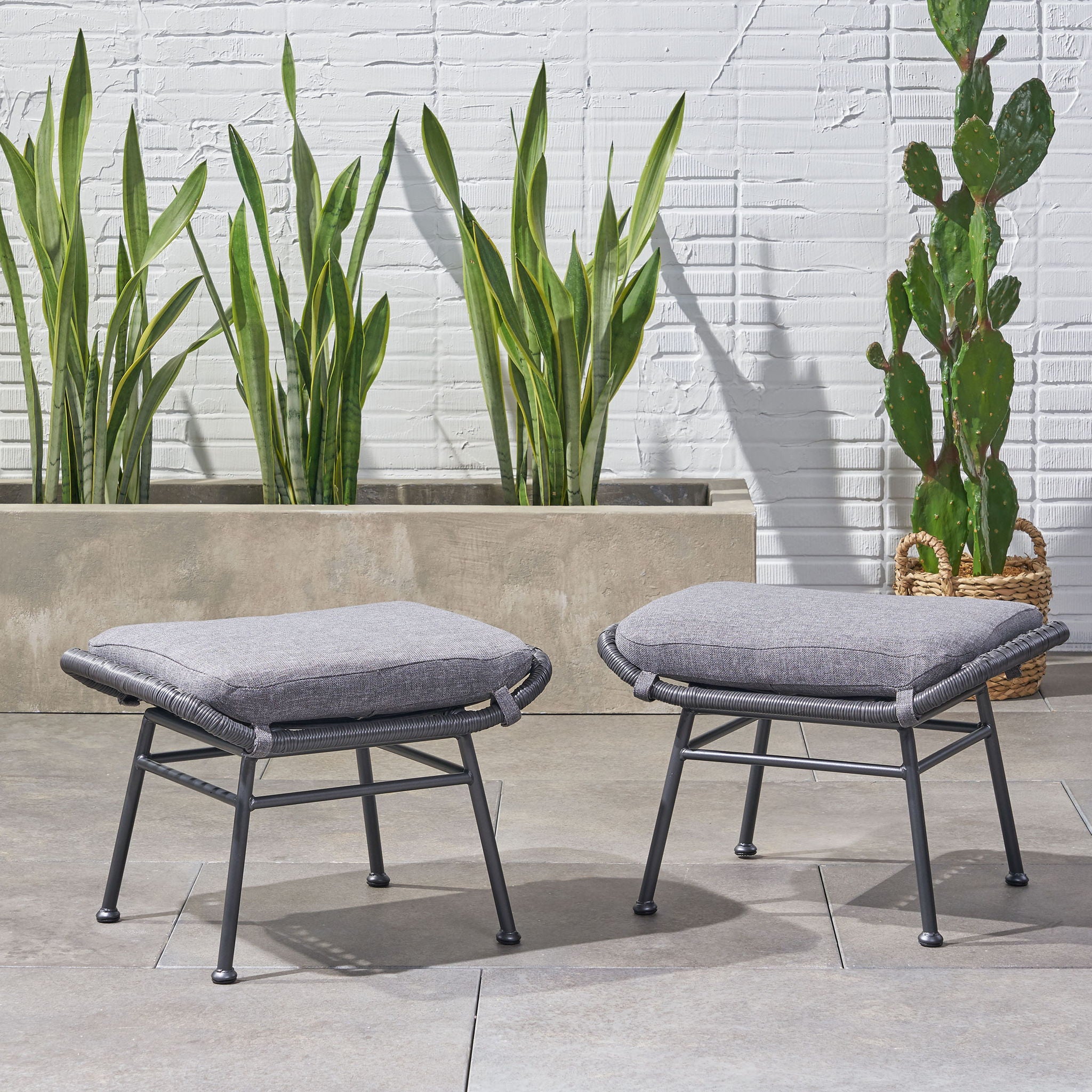 Outdoor Modern Boho Wicker Ottoman With Cushions (Set of 2)