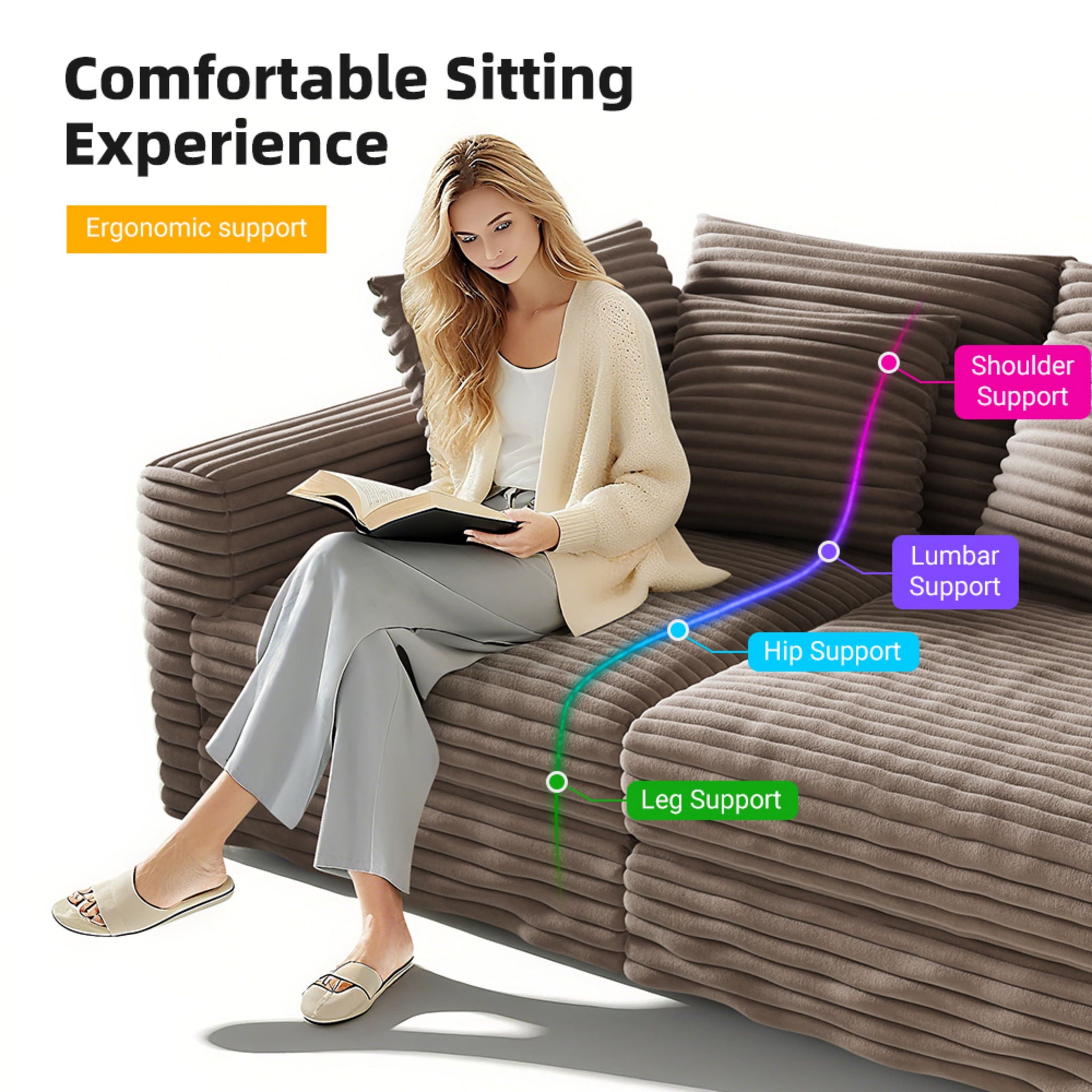 Plush Corduroy 4 Seat Sofa, Modern Comfy Upholstered Sofa Cloud Couch, Deep Seat Couches With Soft Pillows