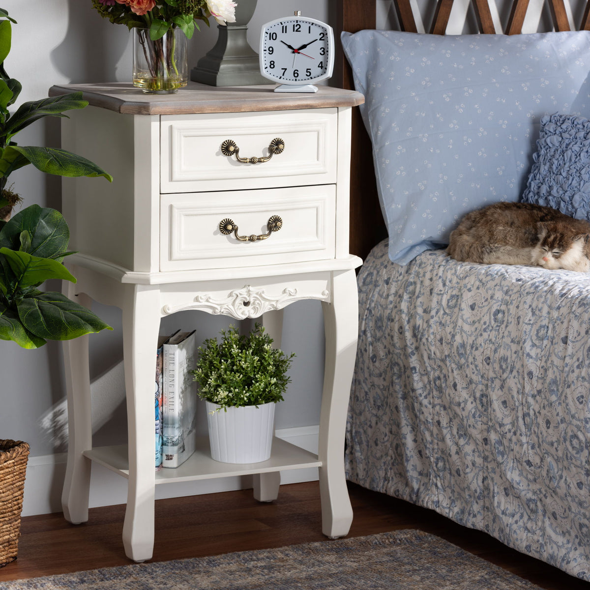 Amalie Antique French Country Cottage Two-Tone White and Oak Finished 2-Drawer Wood End Table