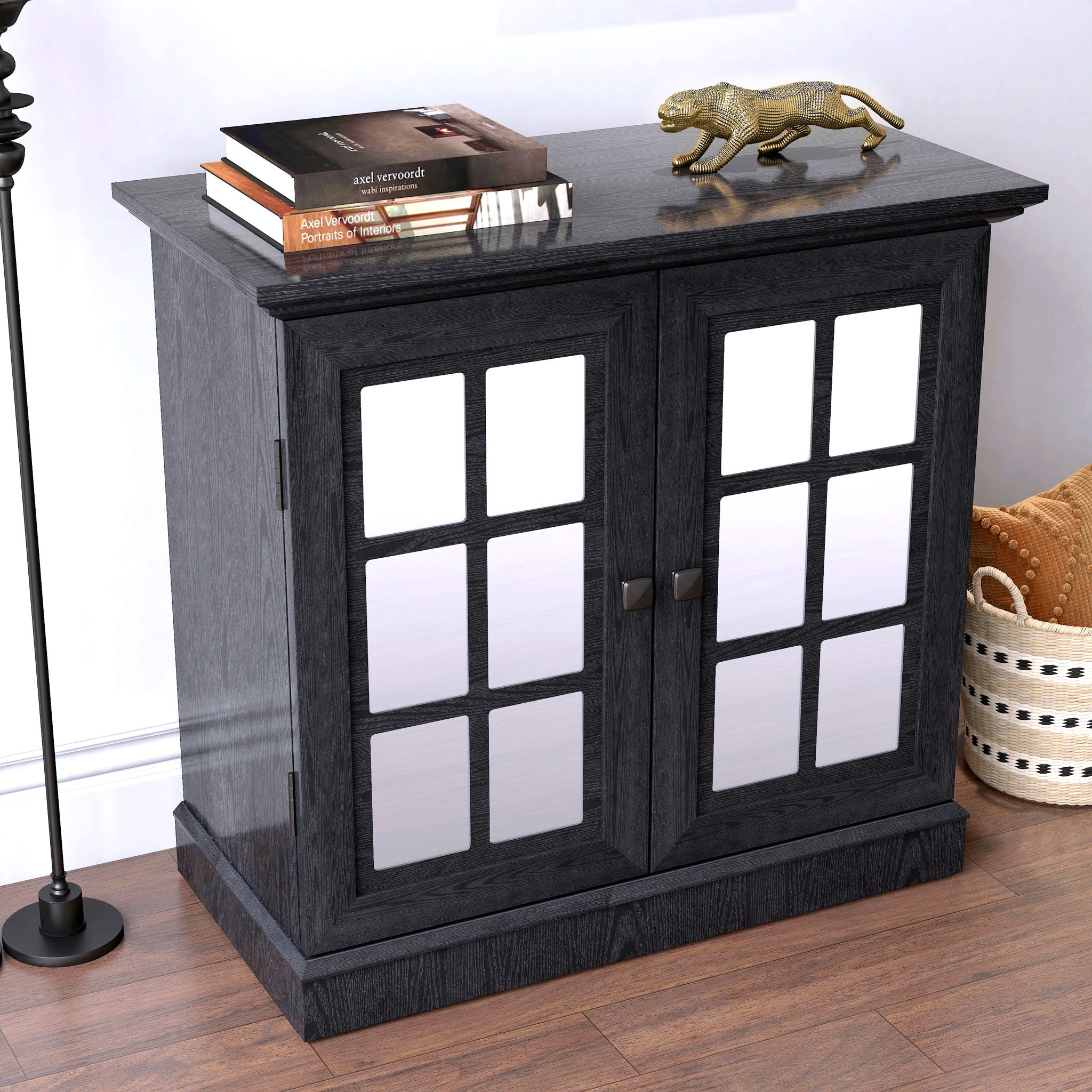 Sideboard Cabinet With Mirrored Doors, Adjustable Shelf, Metal Handles