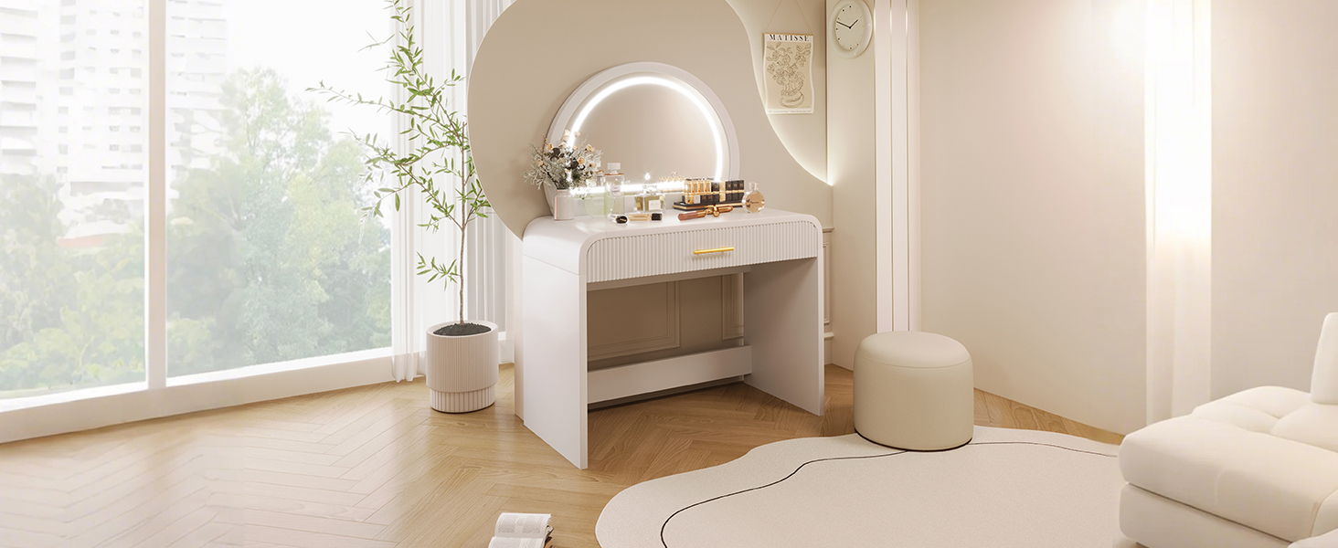Makeup Vanity Table With Mirror Touch Screen Lighted Mirror, Dressing Table With Drawer For Bedroom - White