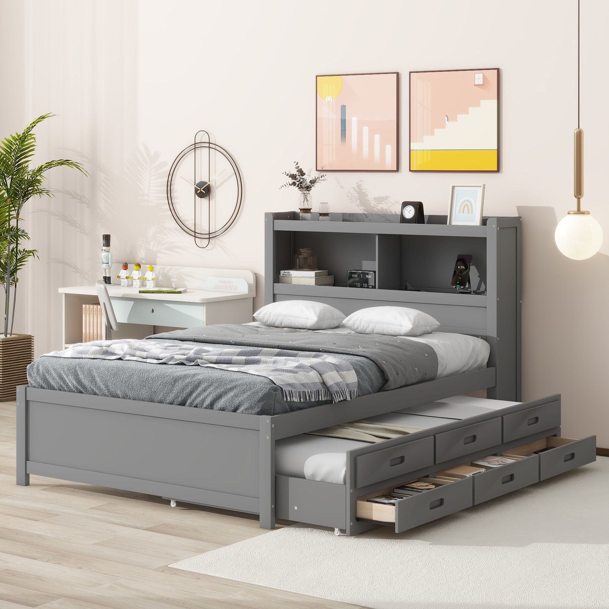 Full Size Platform Bed With Trundle, Drawers, USB Ports And Built In Shelves - Gray
