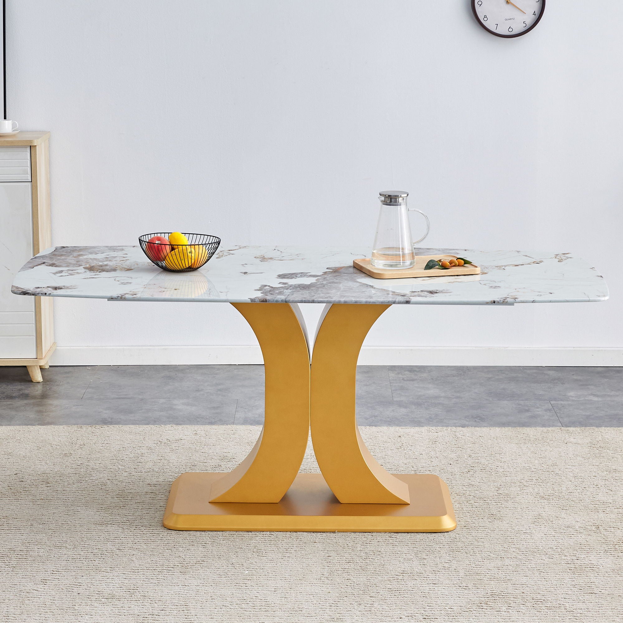 Modern Minimalist Dining Table With Imitation Marbled Glass Top And Legs For Kitchen And Living Room - Gold