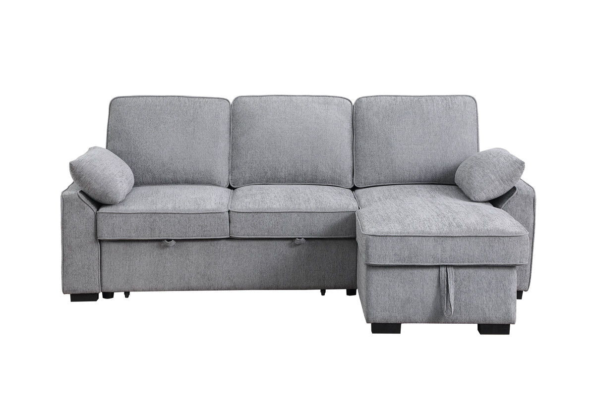 Mackenzie 91"W Light Gray Chenille Fabric Reversible Sleeper Sectional with Storage Chaise, Drop-Down Table, Cup Holders and Charging Ports