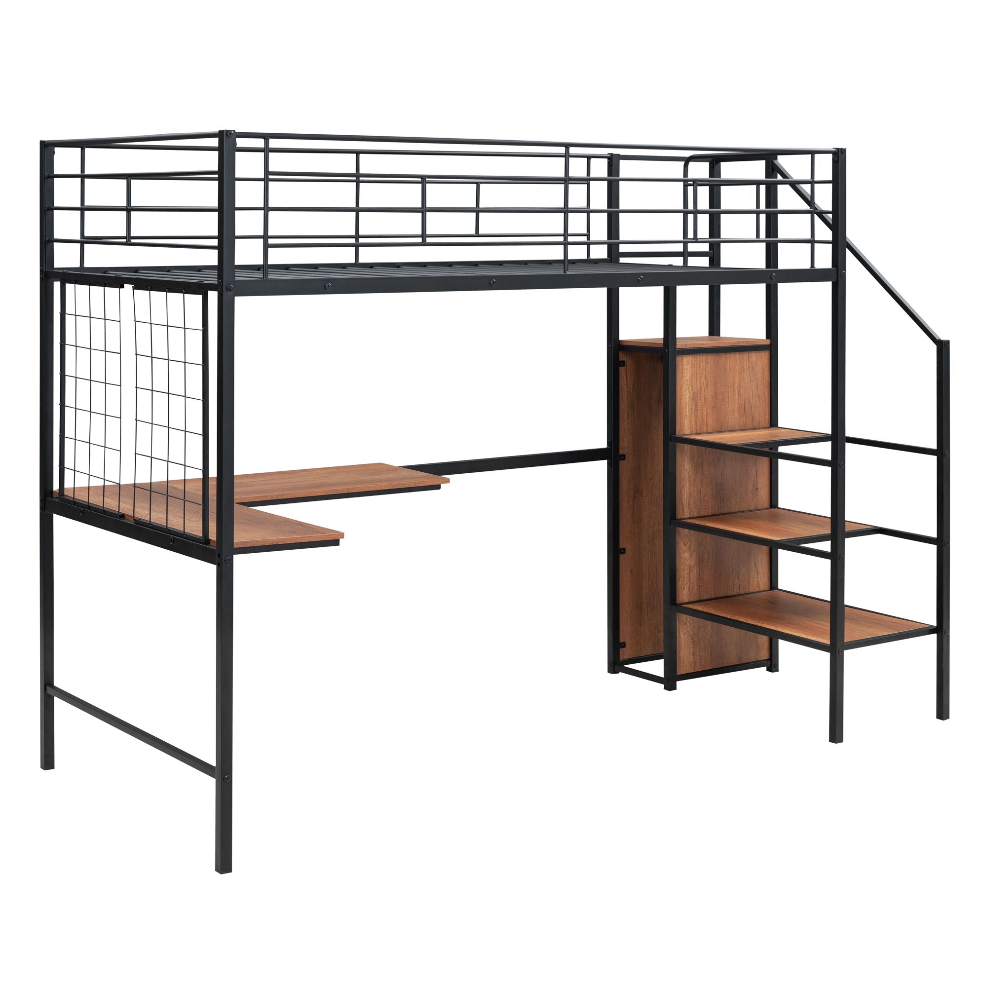 Loft Bed With Desk And Grid, Stylish Frame With Lateral Storage Ladder And Wardrobe