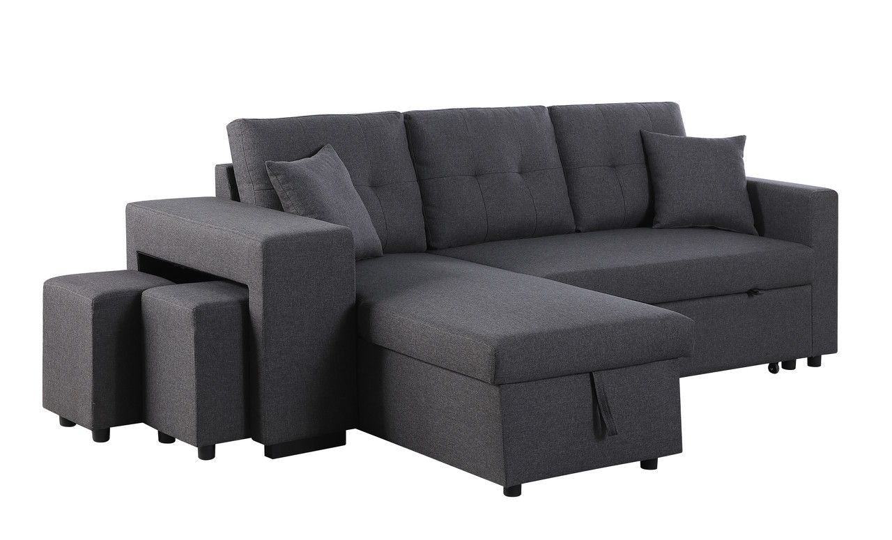 Dennis 93"W Dark Gray Linen Fabric Reversible Sleeper Sectional with Storage Chaise and 2 Stools