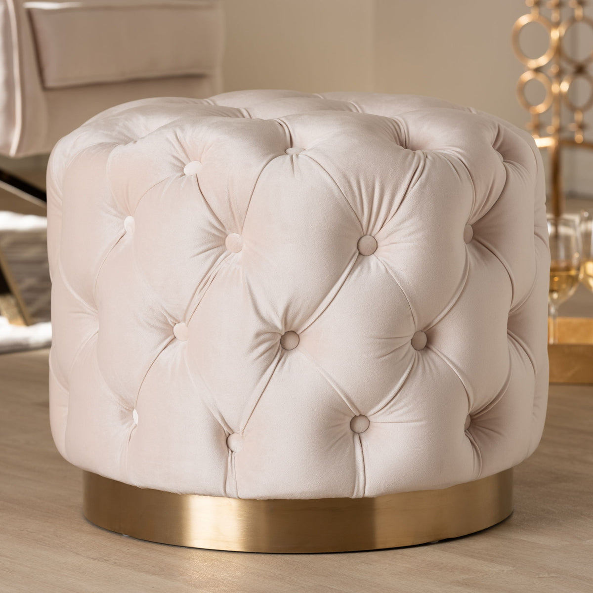 Valeria Glam Light Beige Velvet Fabric Upholstered Gold-Finished Button Tufted Ottoman