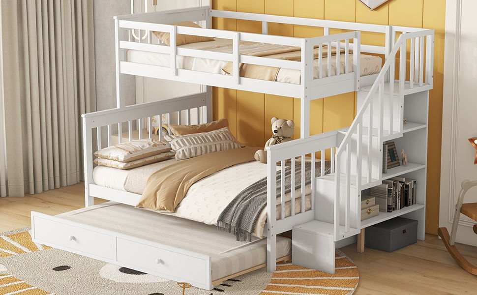 Bunk Bed With Twin Size Trundle, Storage And Guard Rail For Bedroom